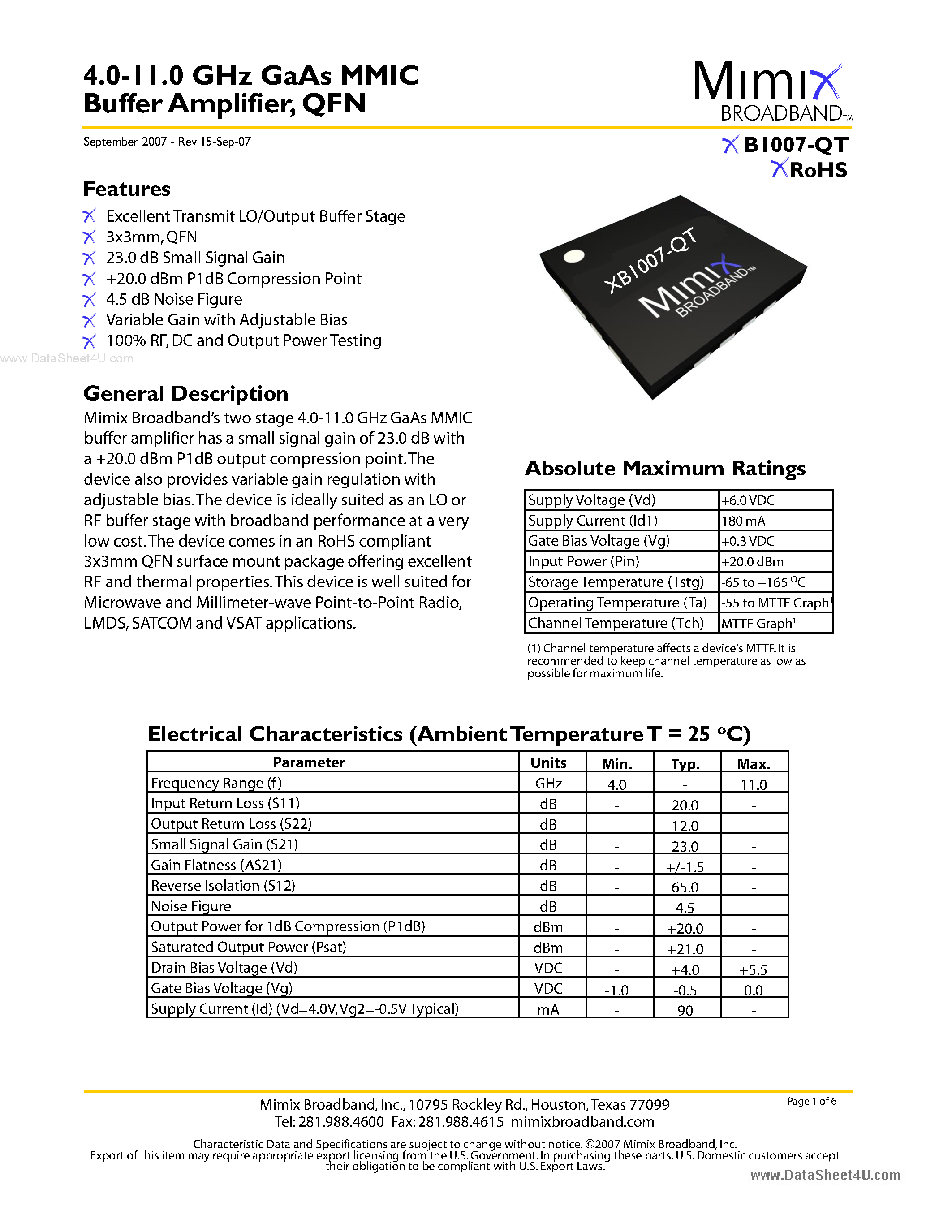 Даташит XB1007-QT - 4.0-11.0 GHz GaAs MMIC Buffer Amplifier страница 1