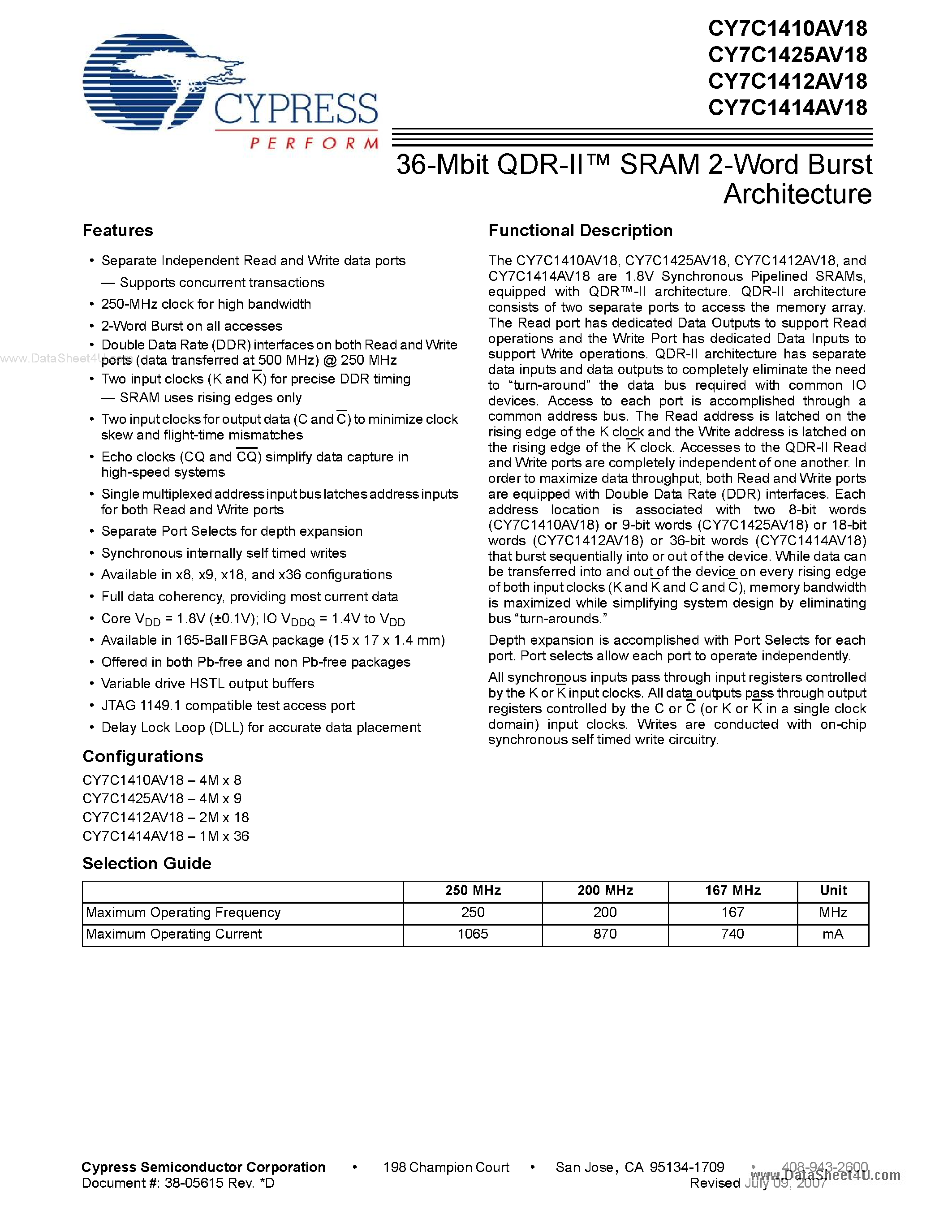 Даташит на микросхему CY7C1410AV18 страница 1 Даташит CY7C1410AV18 - (CY7C14xxAV18) 36-Mbit QDR-II SRAM 2-Word Burst Architecture страница 1