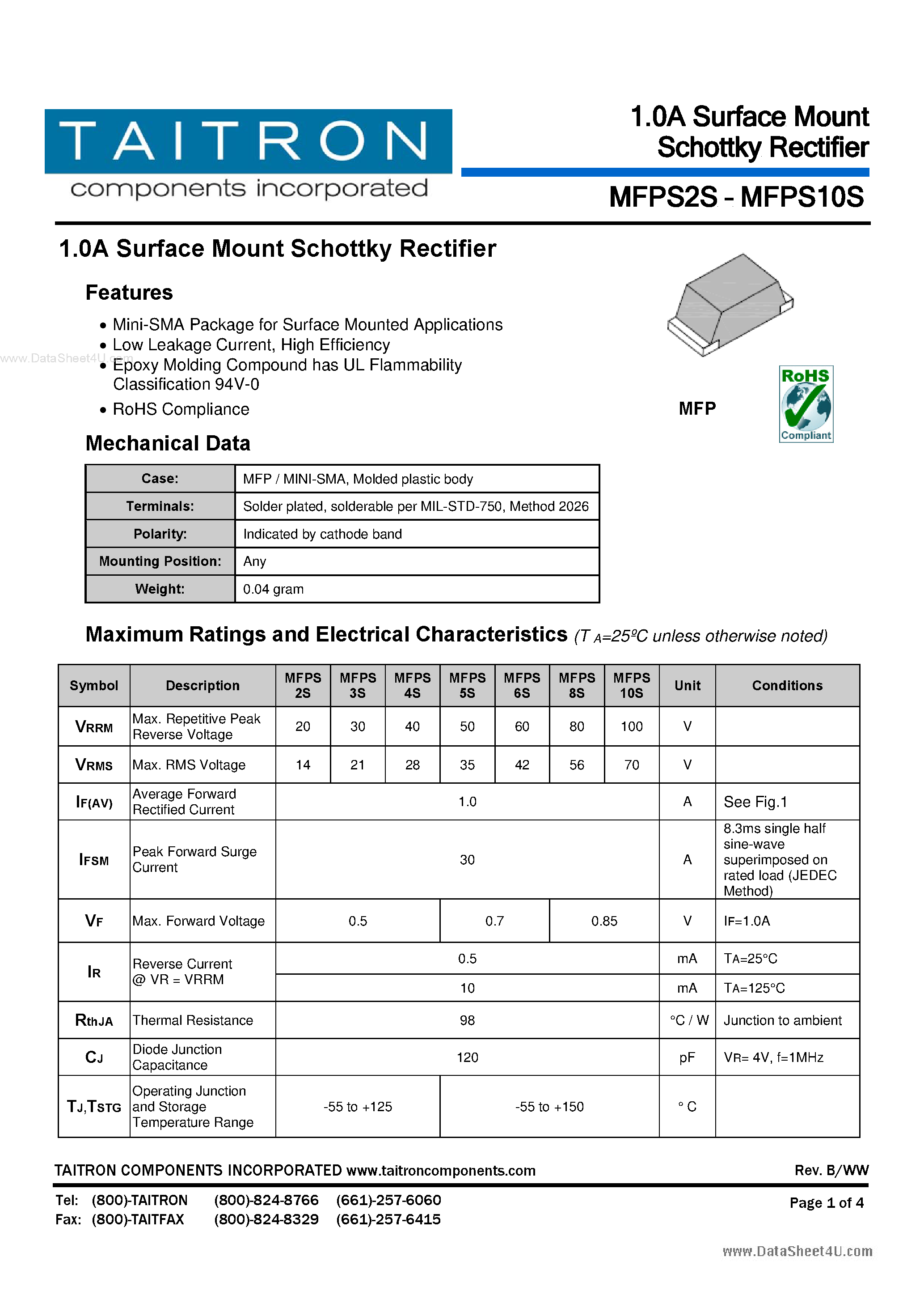 Datasheet MFPS10S - (MFPS2S - MFPS10S) 1.0A Surface Mount Schottky Rectifier page 1