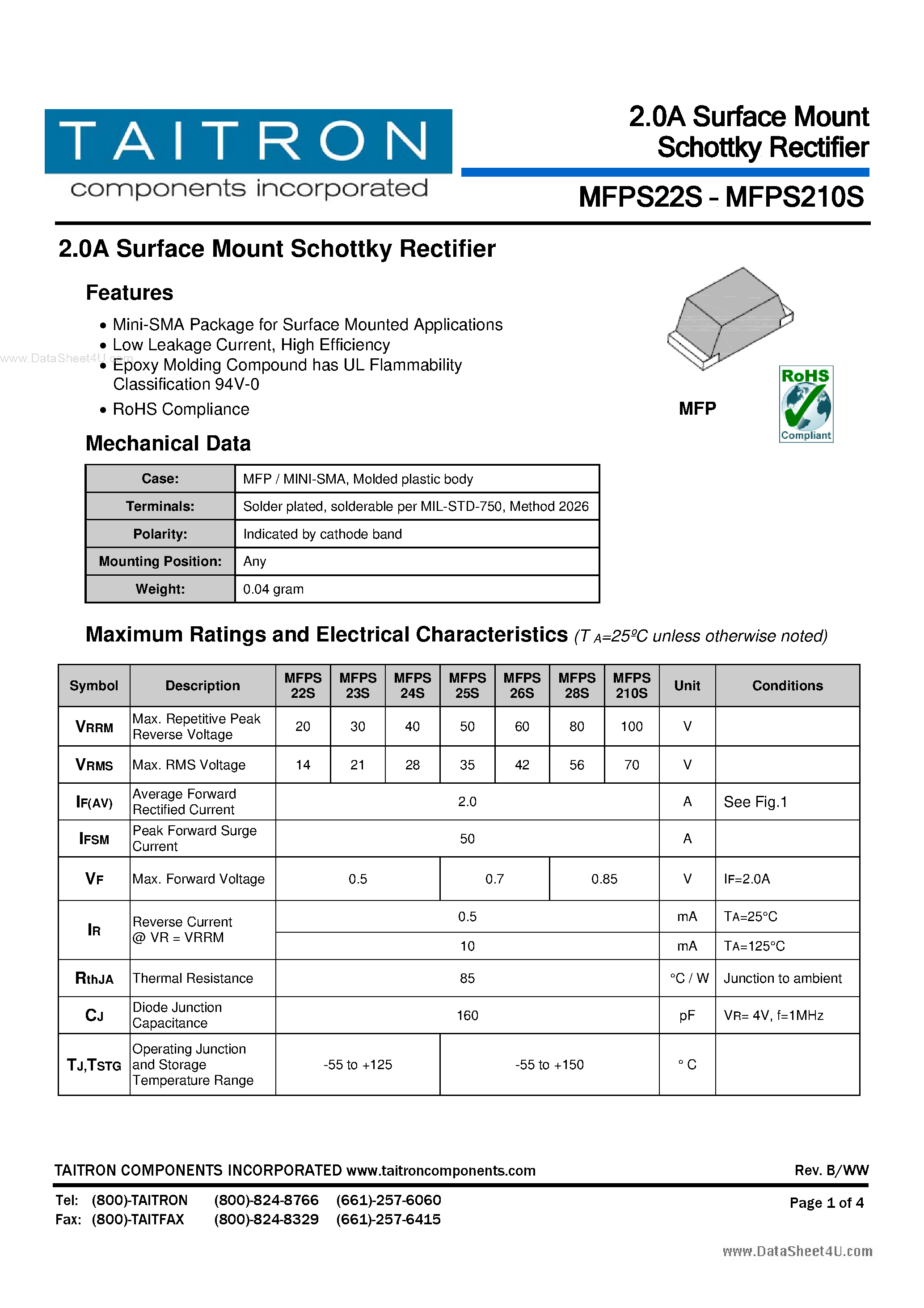 Datasheet MFPS210S - (MFPS22S - MFPS210S) 2.0A Surface Mount Schottky Rectifier page 1