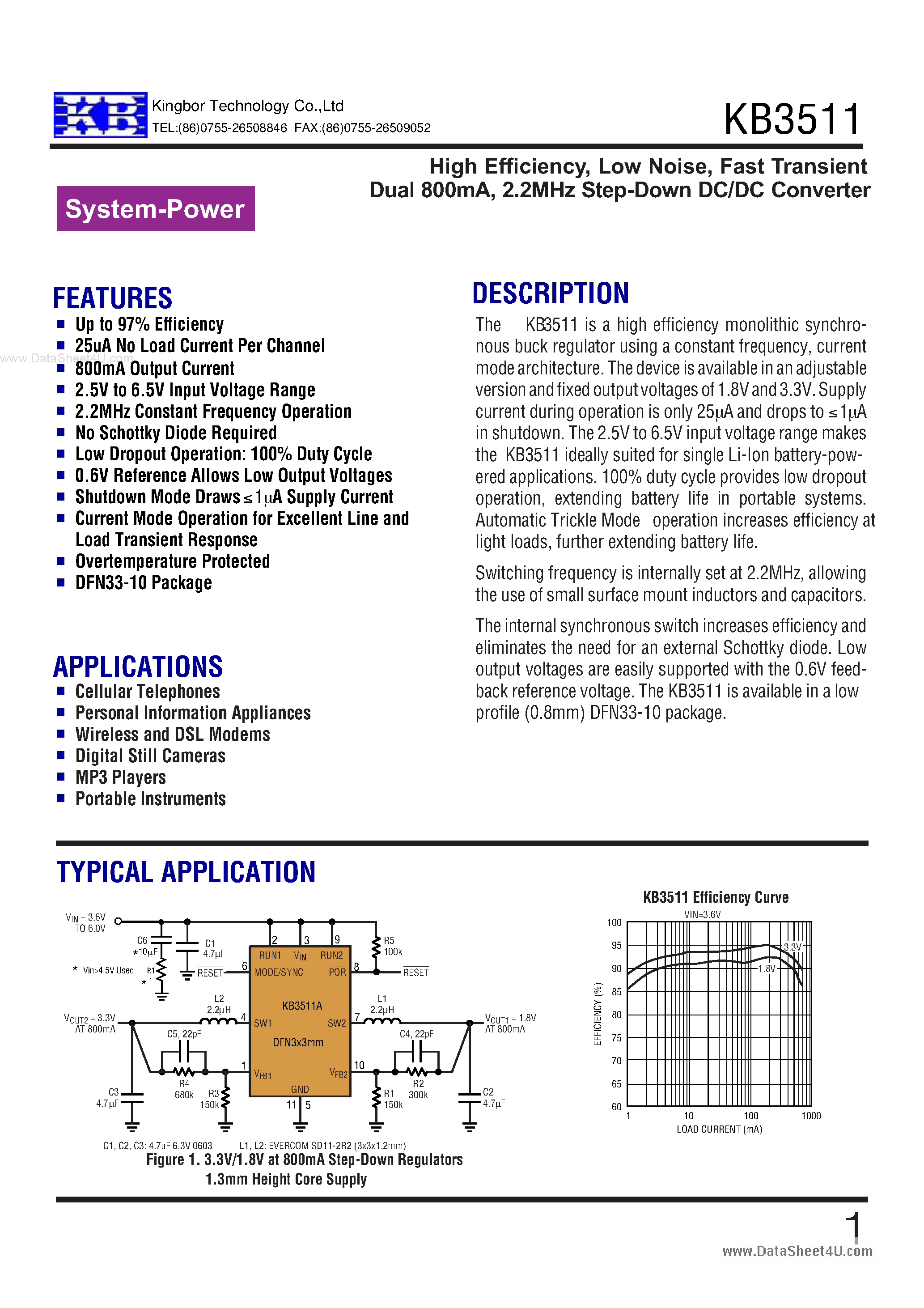 Даташит на микросхему KB3511 страница 1 Даташит KB3511 - Step-Down DC/DC Converter страница 1