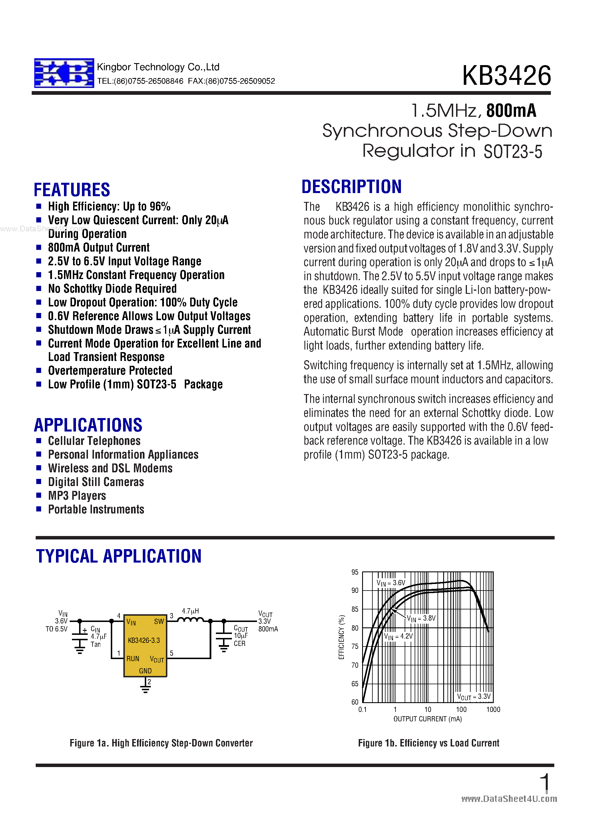 Даташит KB3426 - 800mA Synchronous Step-Down Regulator страница 1