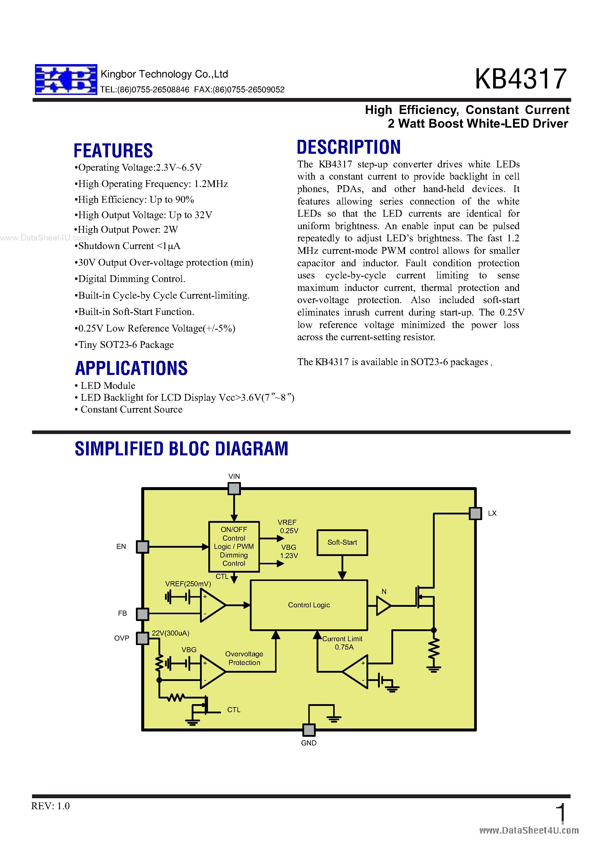 Datasheet KB3417 page 1 Datasheet KB3417 - Constant Current 2 Watt Boost White-LED Driver page 1