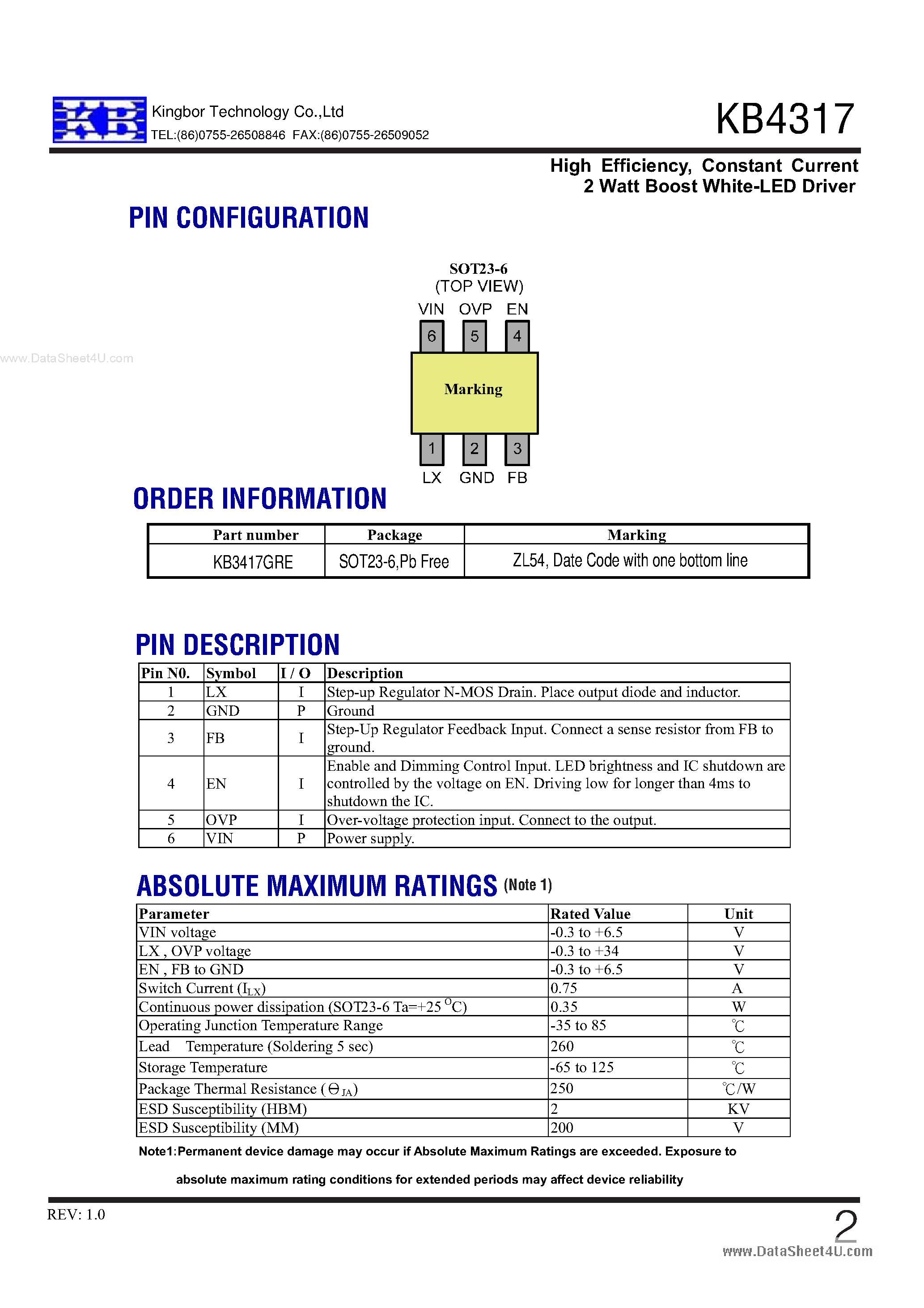 Datasheet KB3417 page 2 Datasheet KB3417 - Constant Current 2 Watt Boost White-LED Driver page 2