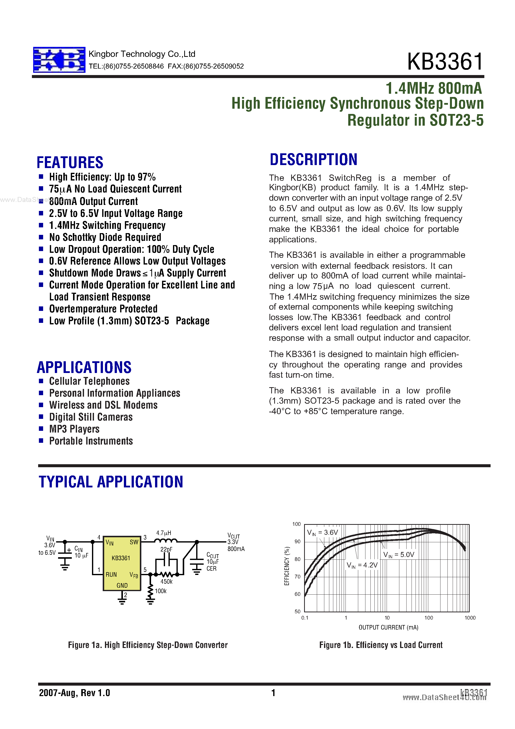 Даташит KB3361 - 1.4MHz 800mA High Efficiency Synchronous Step-Down Regulator страница 1