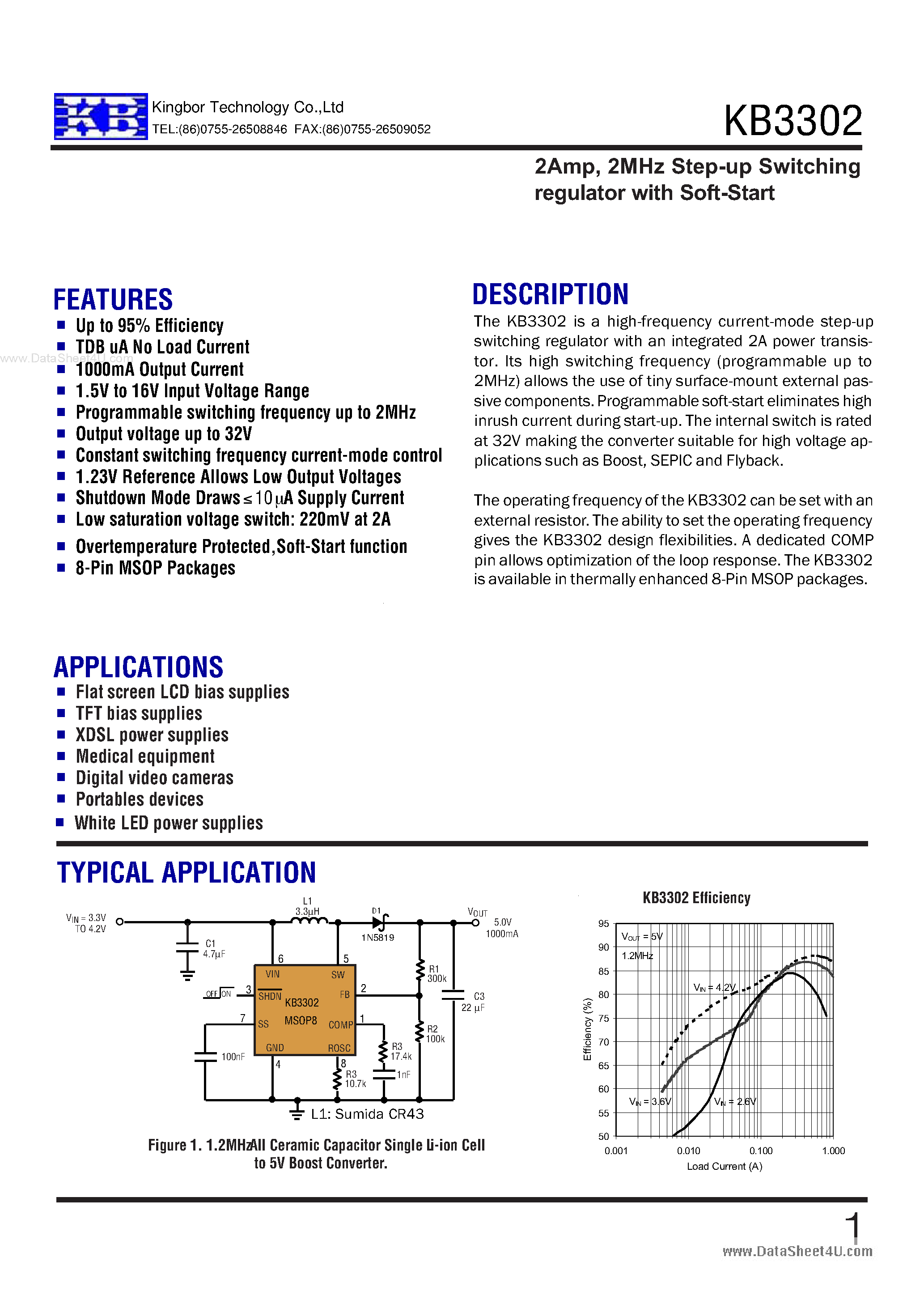 Даташит KB3302 - 2MHz Step-up Switching regulator страница 1