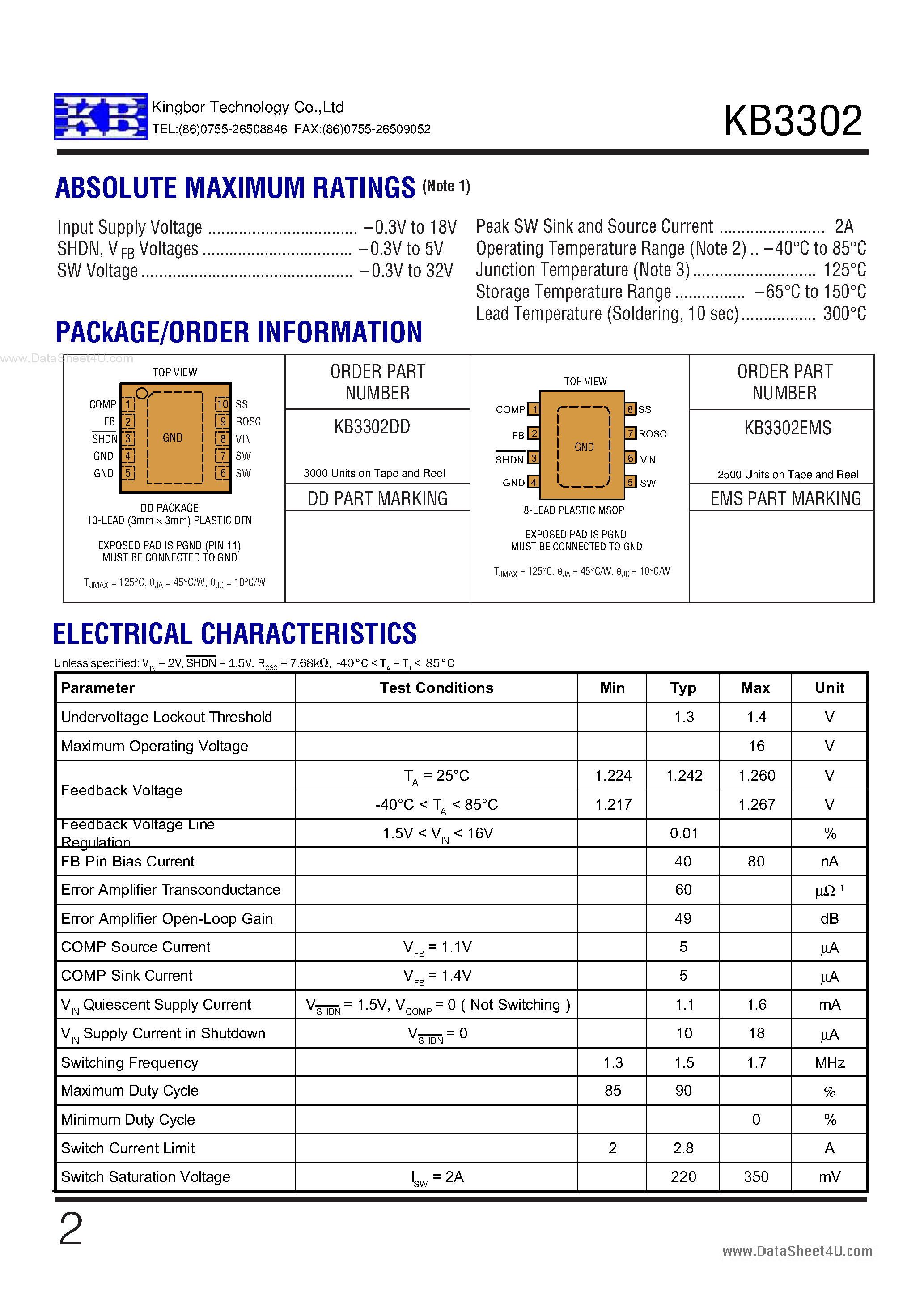 Даташит KB3302 - 2MHz Step-up Switching regulator страница 2