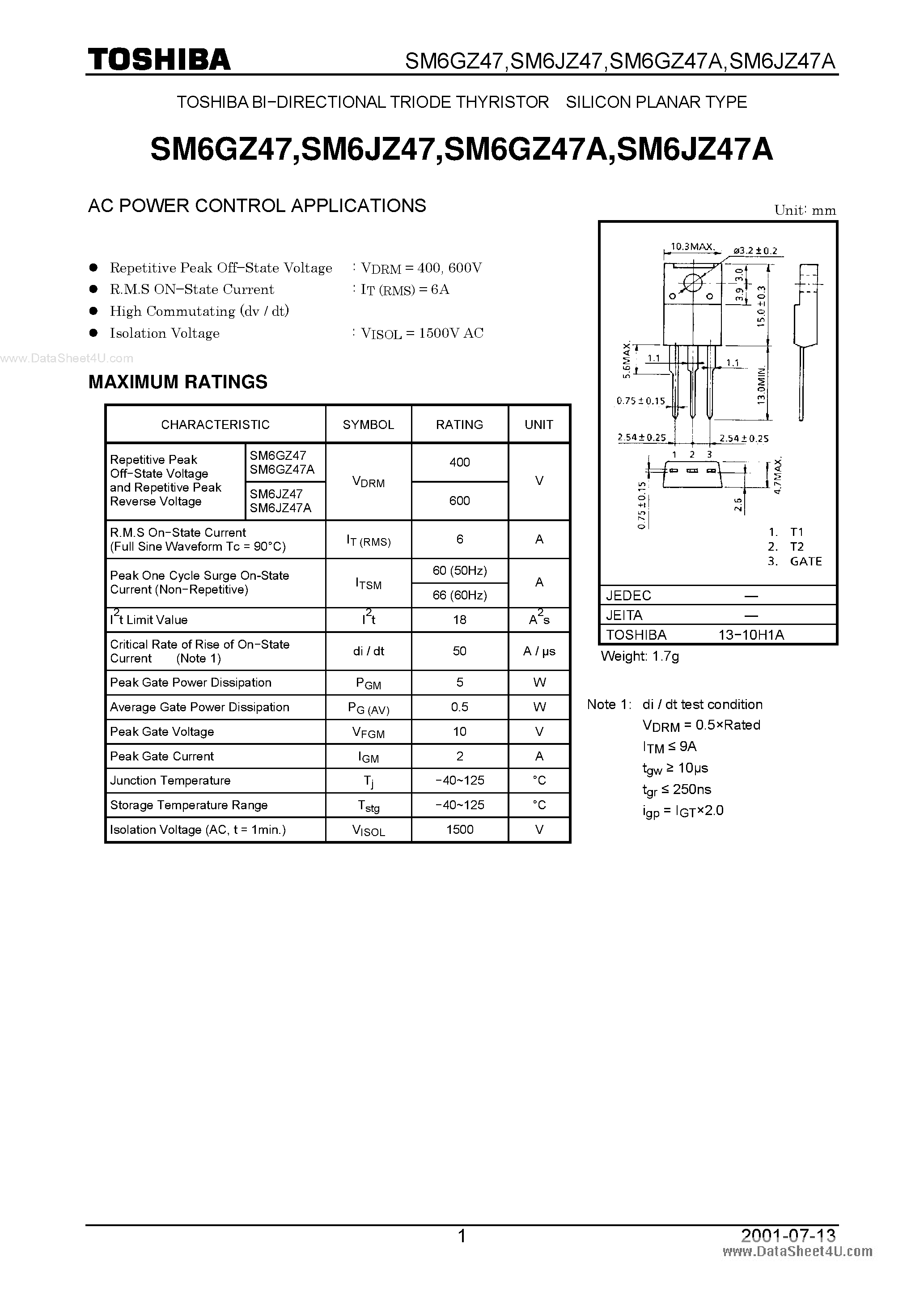 Datasheet SM6GZ47A page 1 Datasheet SM6GZ47A - BI-DIRECTIONAL TRIODE THYRISTOR SILICON PLANAR TYPE page 1