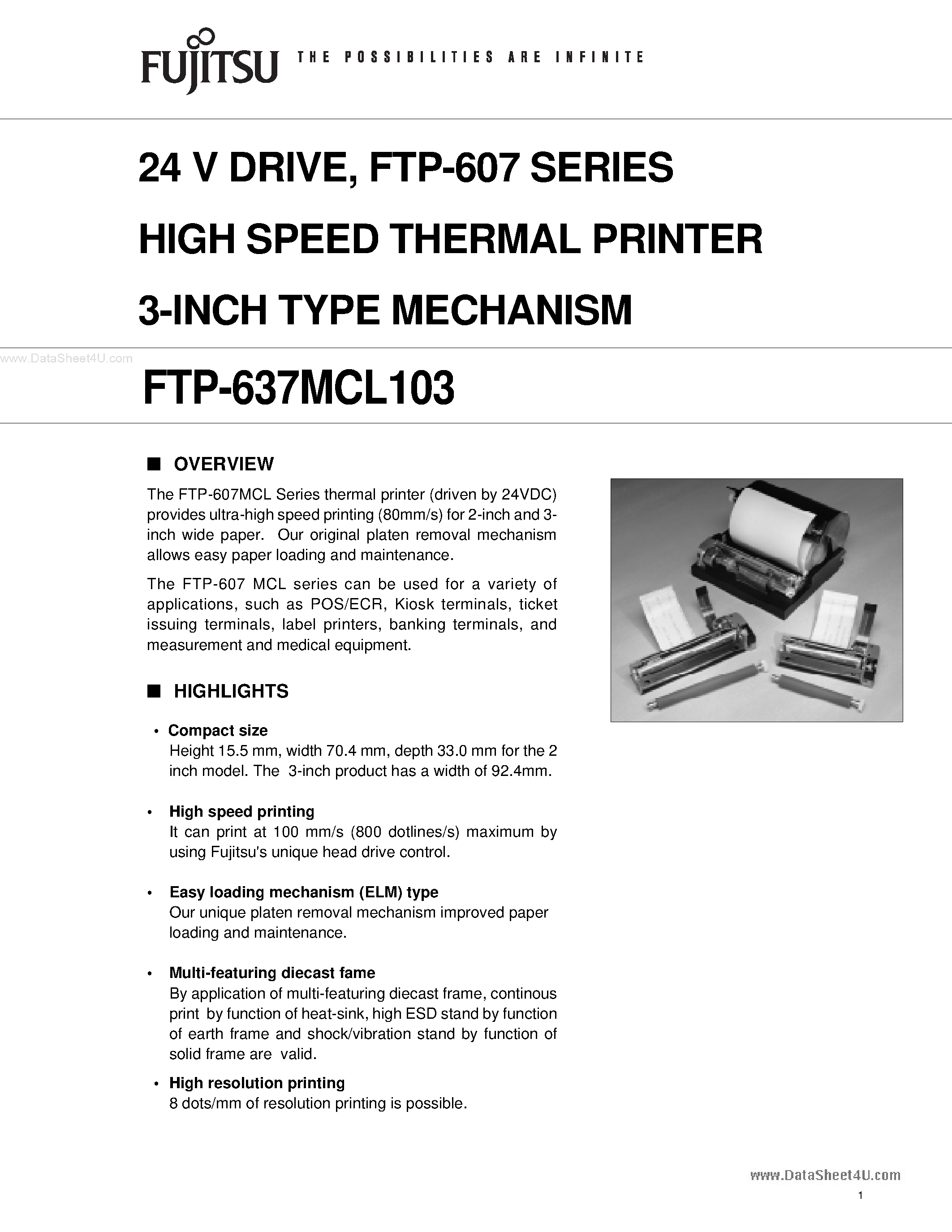 Даташит FTP-637MCL103 - HIGH SPEED THERMAL PRINTER 3-INCH TYPE MECHANISM страница 1
