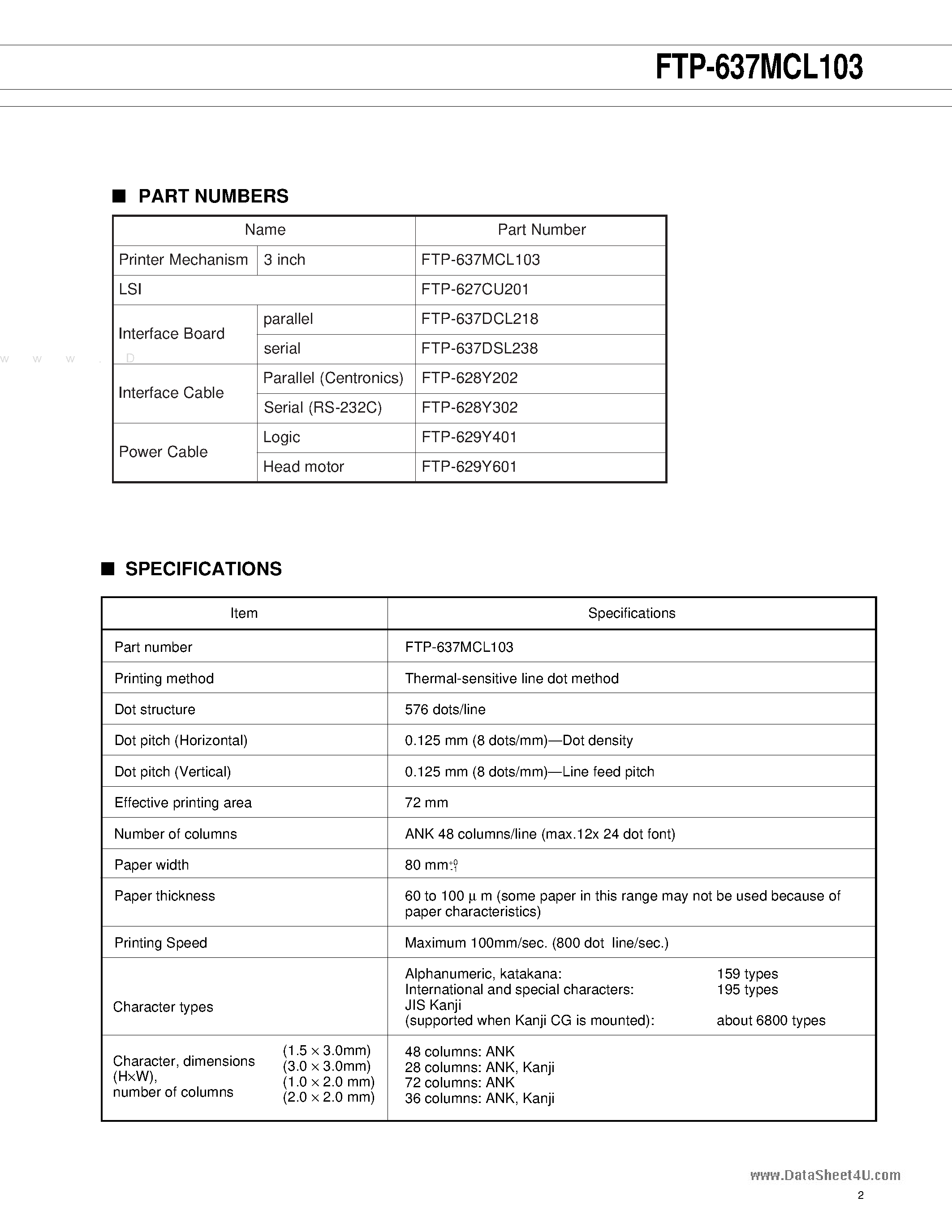 Даташит FTP-637MCL103 - HIGH SPEED THERMAL PRINTER 3-INCH TYPE MECHANISM страница 2