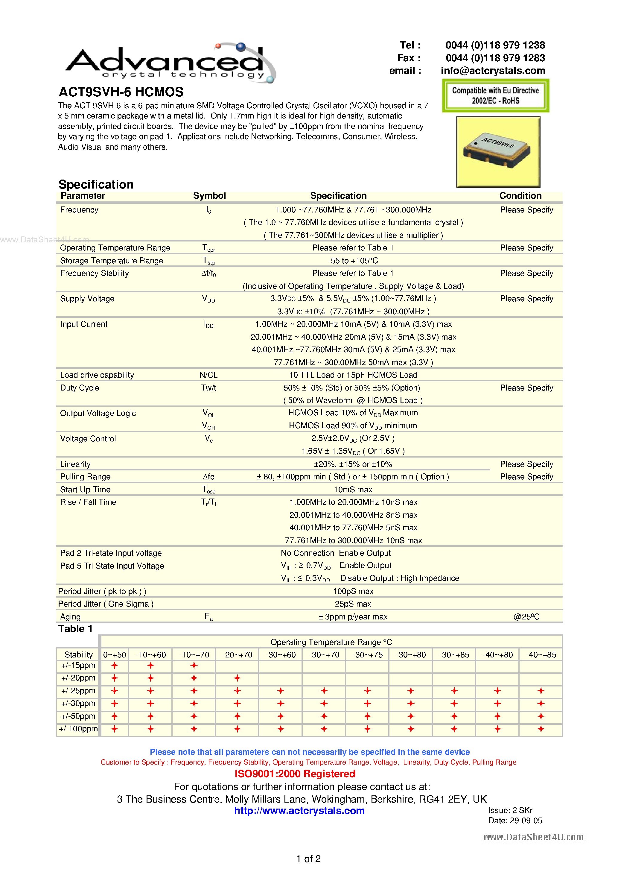 Даташит на микросхему ACT9SVH-6 страница 1 Даташит ACT9SVH-6 - 6-pad miniature SMD Voltage Controlled Crystal Oscillator страница 1