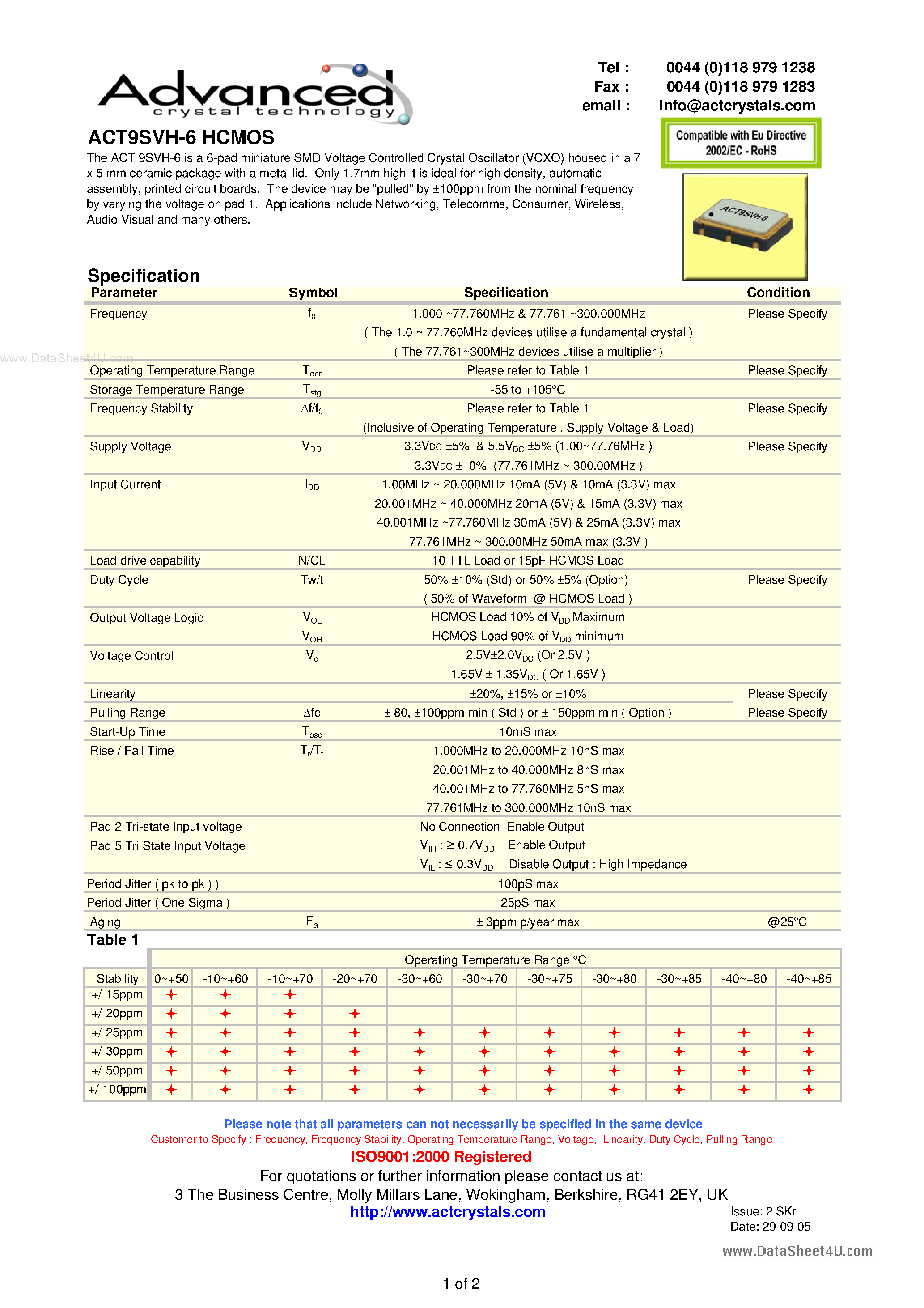 Даташит ACT9SVH-6 - 6-pad miniature SMD Voltage Controlled Crystal Oscillator страница 1