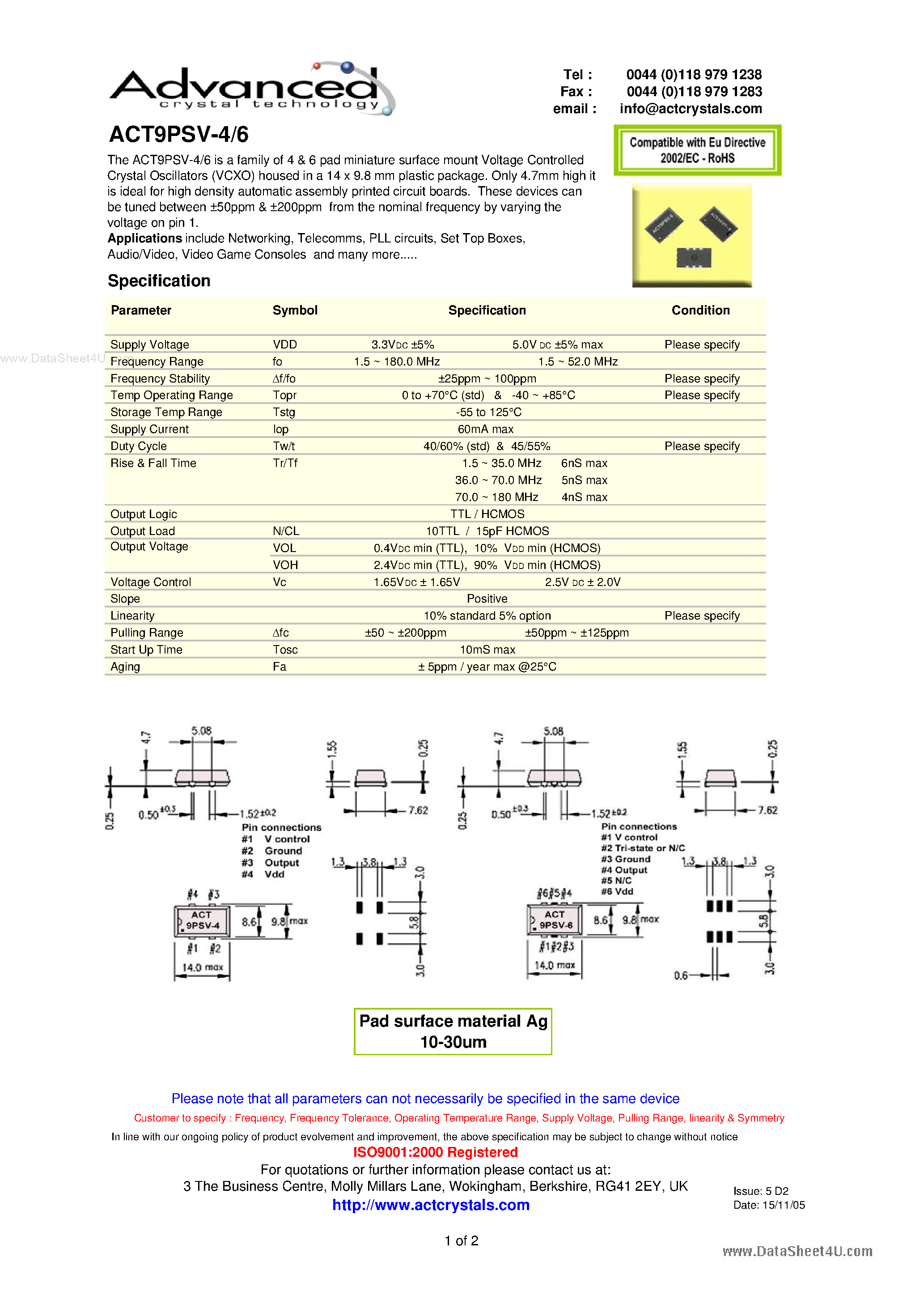 Datasheet ACT9PSV-4 - 4 & 6 pad miniature surface mount Voltage Controlled Crystal Oscillators page 1