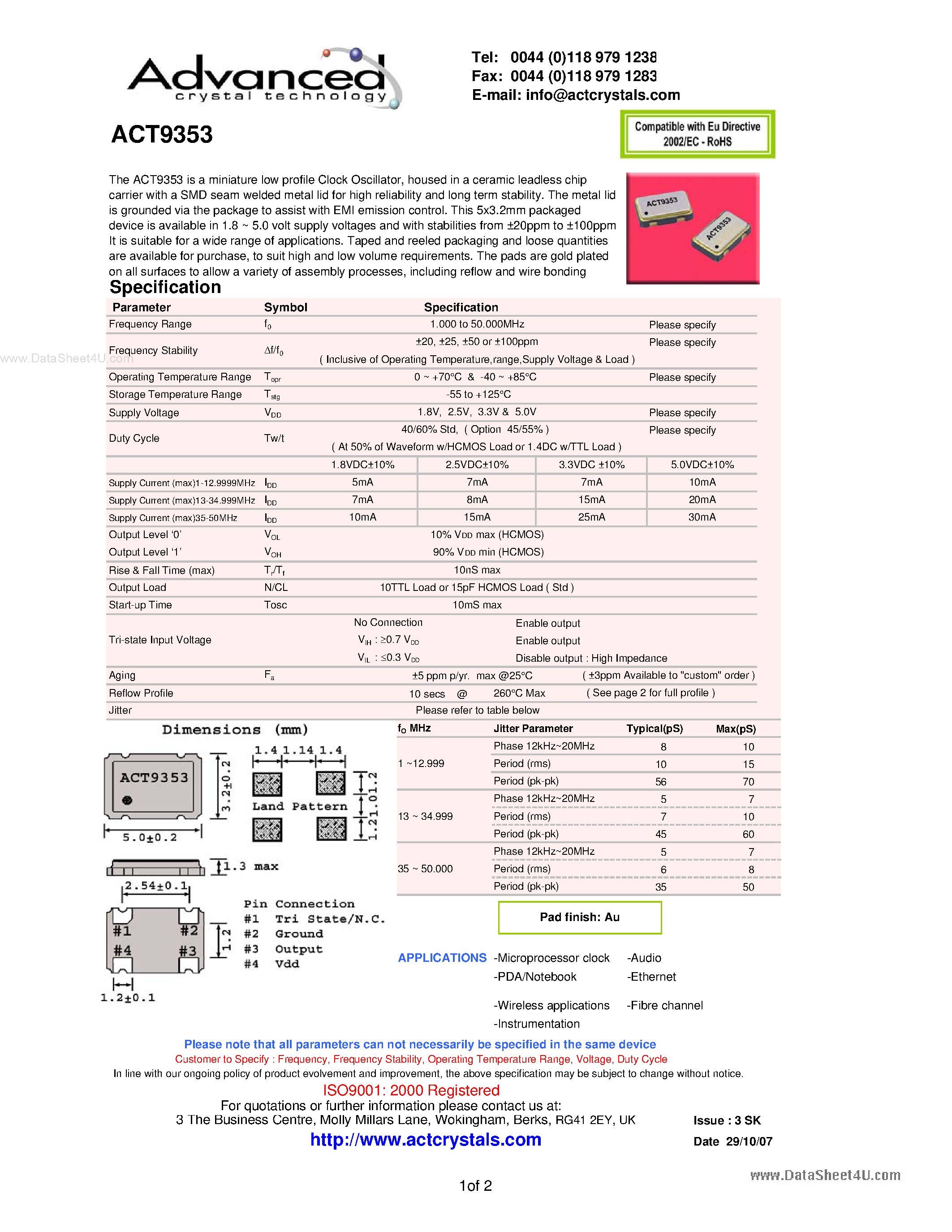 Даташит ACT9353 - miniature low profile Clock Oscillator страница 1