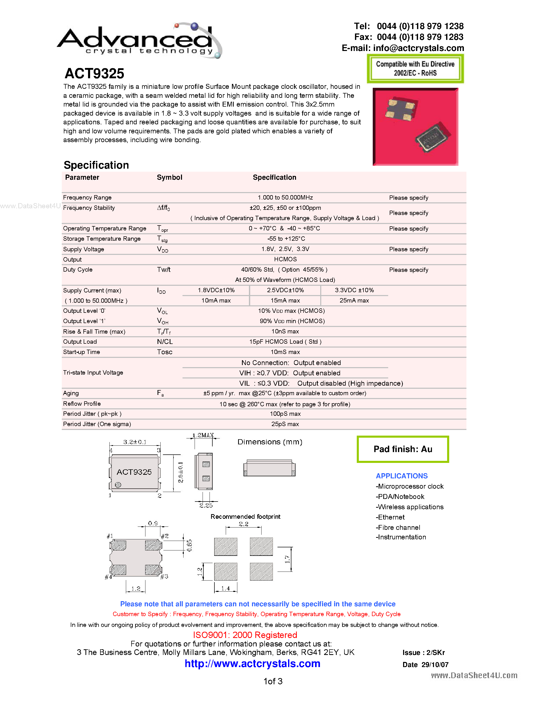 Даташит ACT9325 - miniature low profile Surface Mount package clock oscillator страница 1