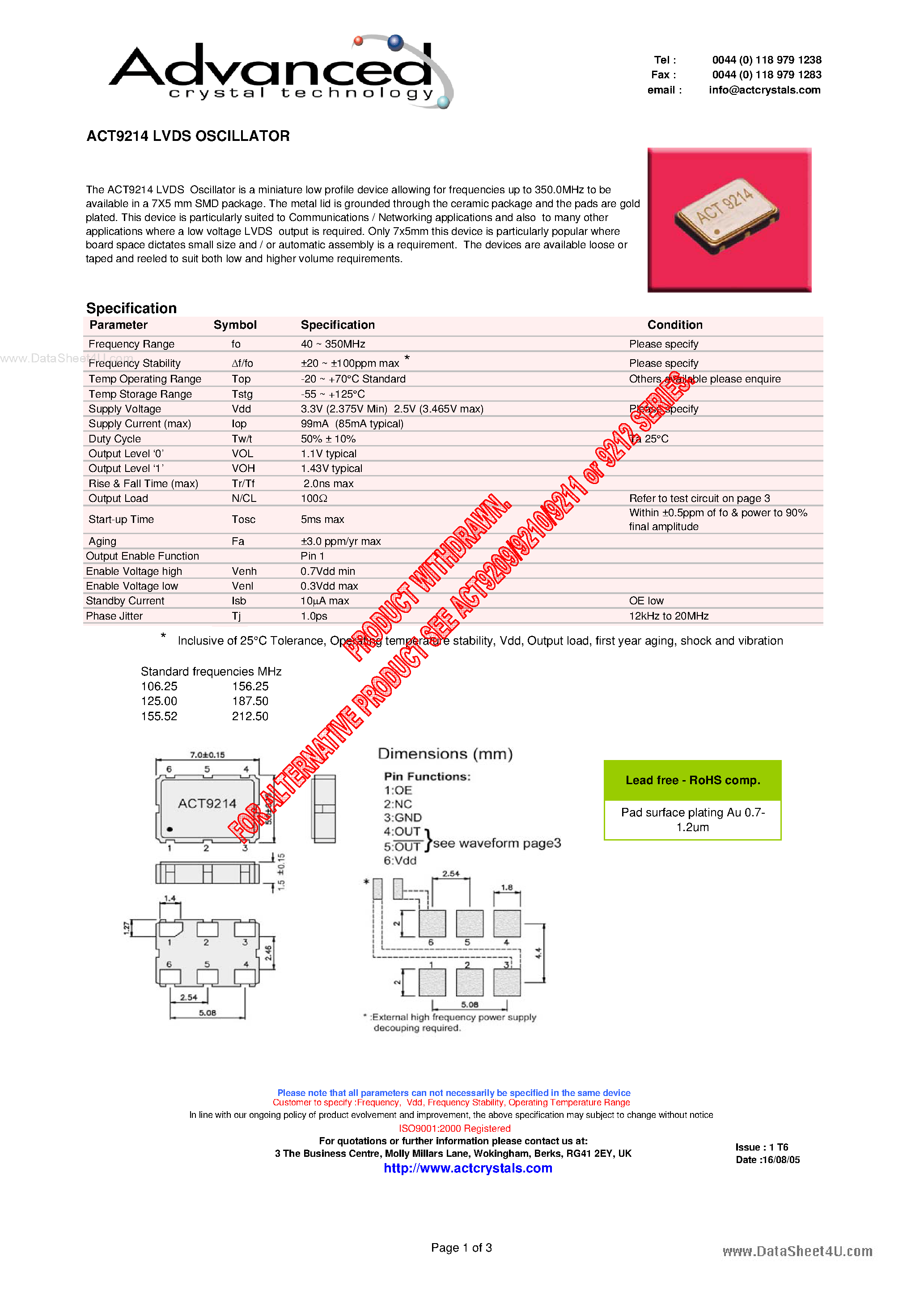 Даташит ACT9214 - LVDS OSCILLATOR страница 1