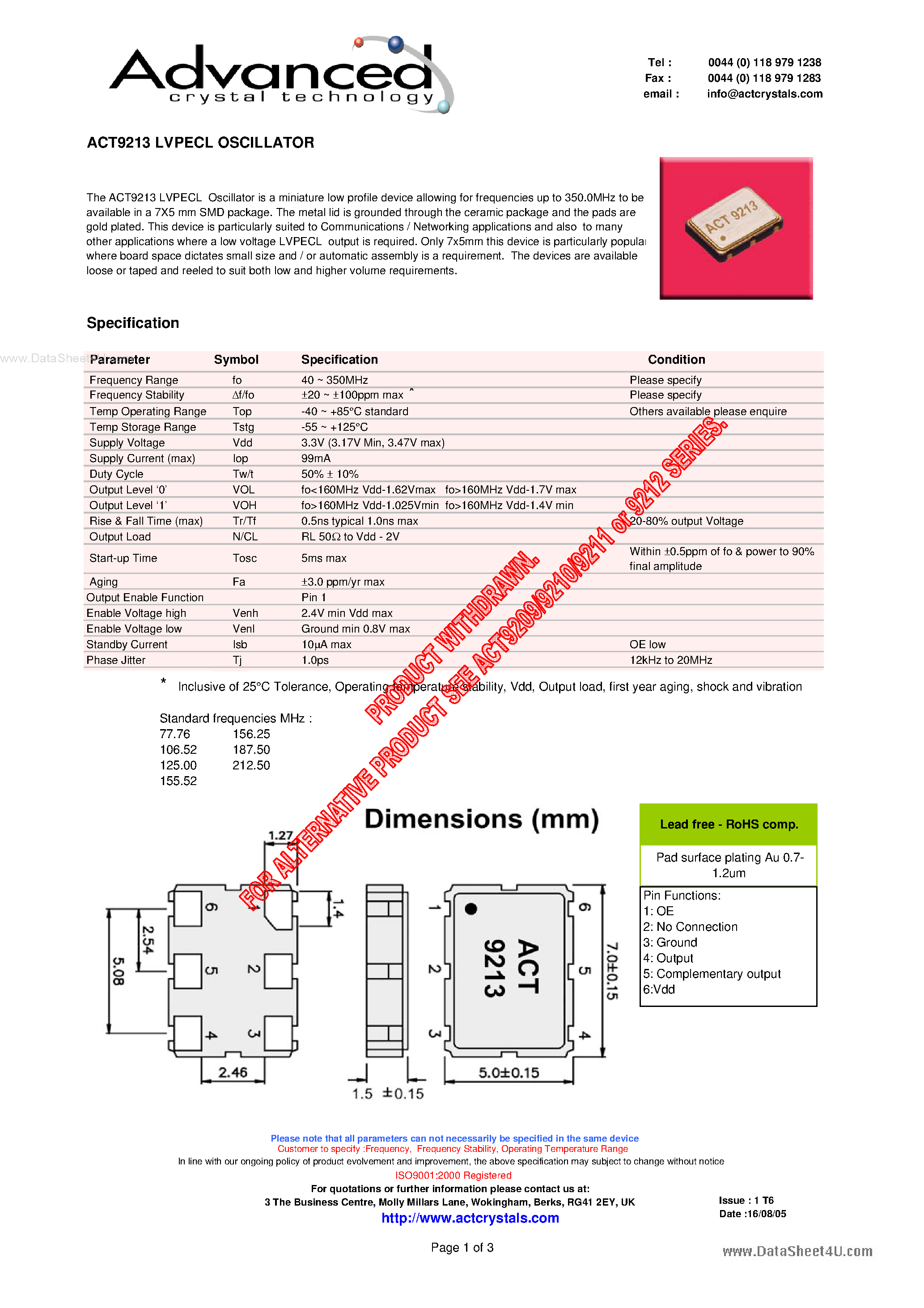 Даташит ACT9213 - LVPECL OSCILLATOR страница 1