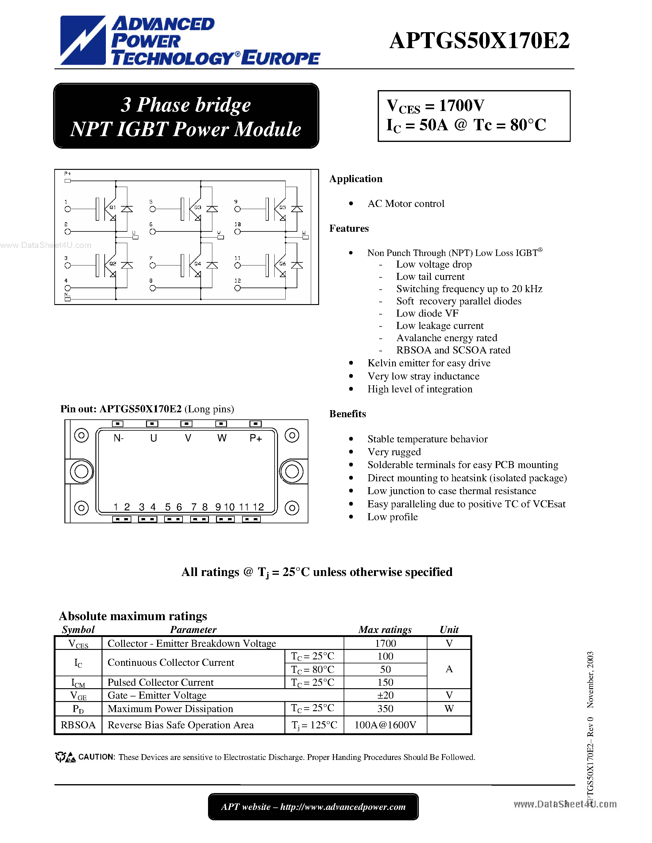 Datasheet APTGS50X170E2 - 3 Phase bridge NPT IGBT Power Module page 1