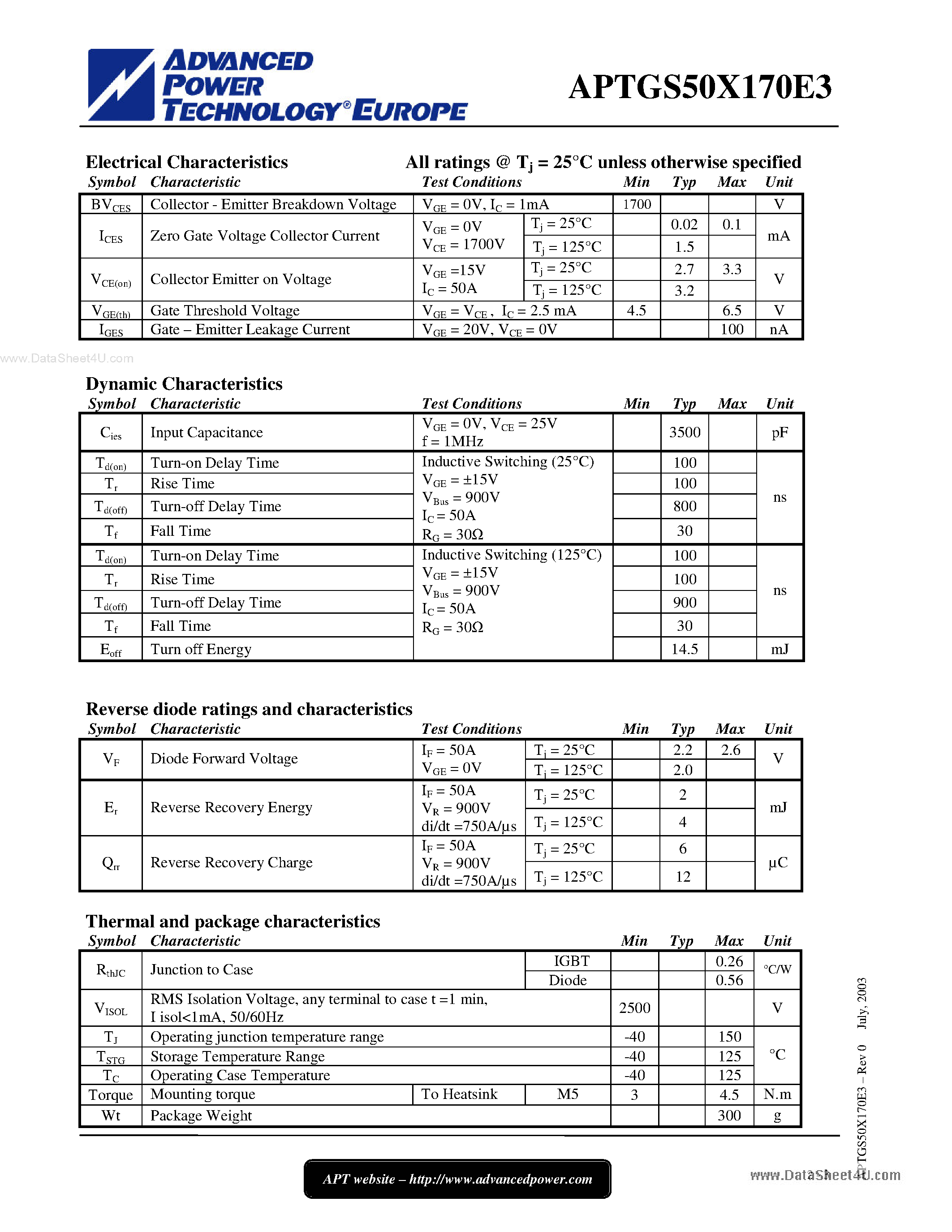 Datasheet APTGS50X170E3 - 3 Phase bridge NPT IGBT Power Module page 2