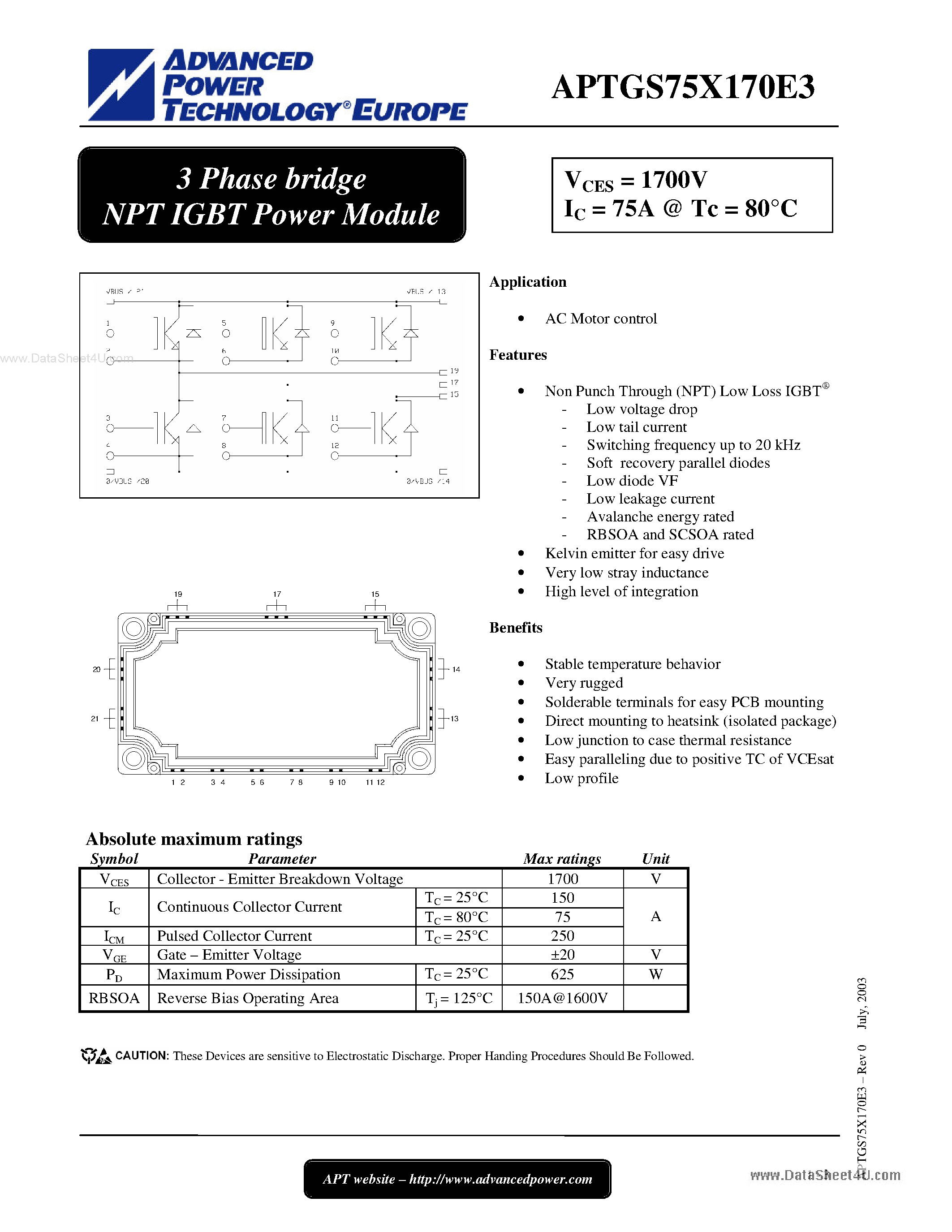 Datasheet APTGS75X170E3 - 3 Phase bridge NPT IGBT Power Module page 1
