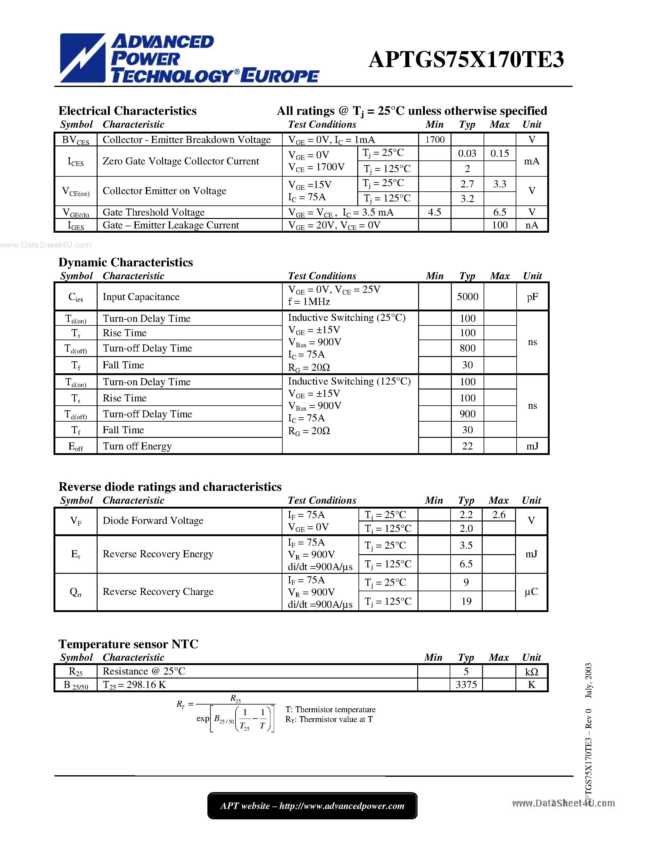 Datasheet APTGS75X170TE3 page 2 Datasheet APTGS75X170TE3 - 3 Phase bridge NPT IGBT Power Module page 2