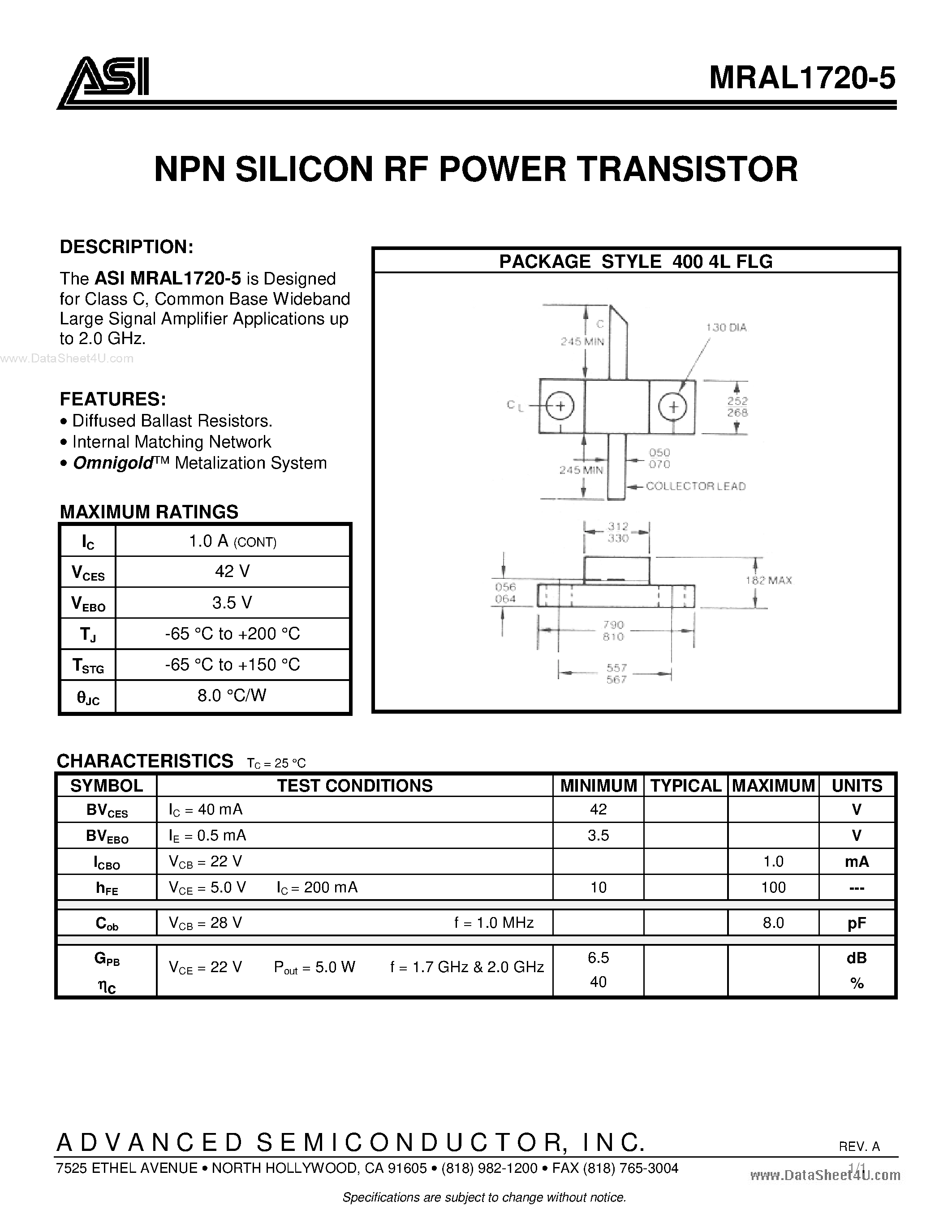 Datasheet MRAL1720-5 - NPN SILICON RF POWER TRANSISTOR page 1