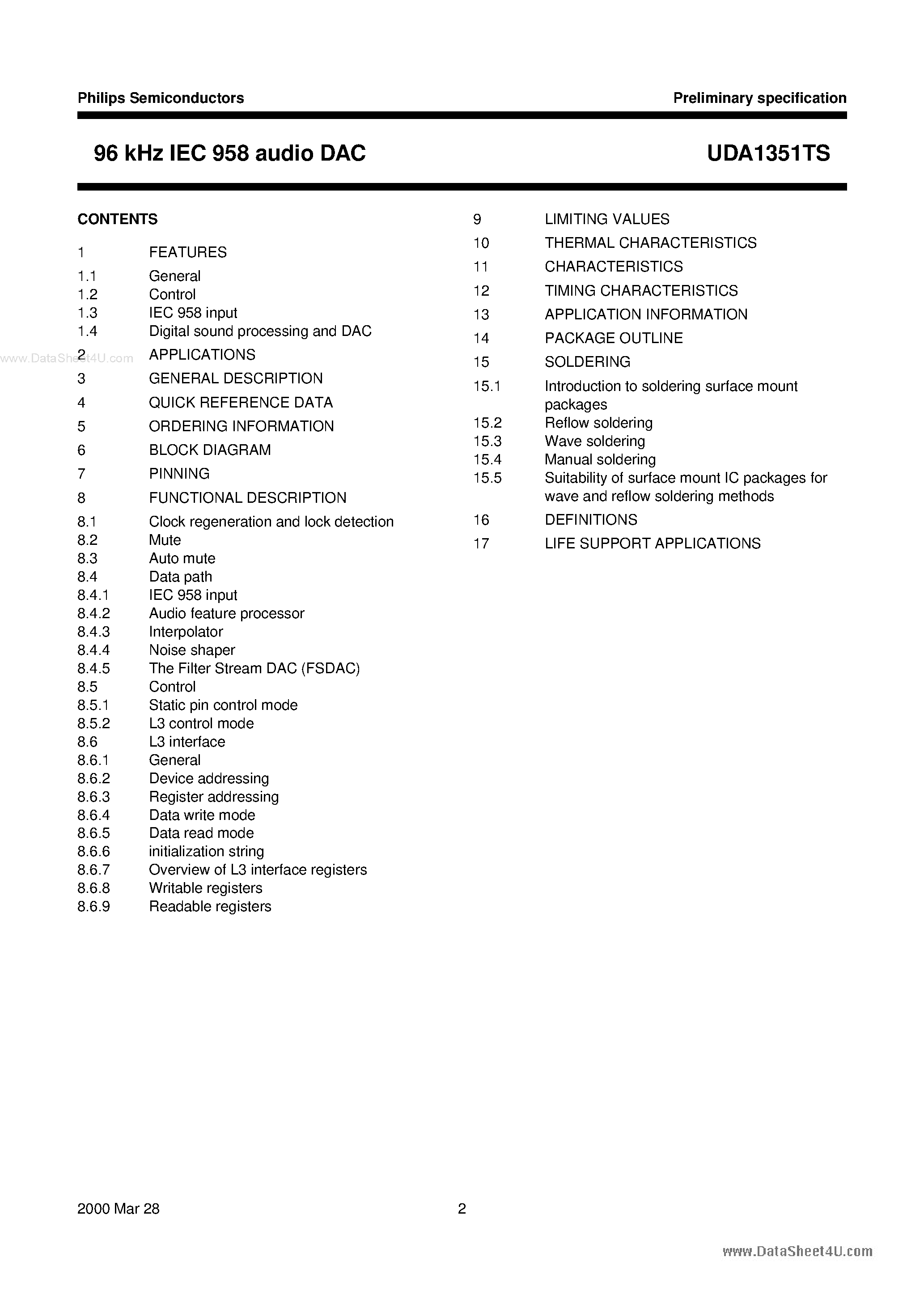 Datasheet UDA1351TS - 96 kHz IEC 958 audio DAC page 2