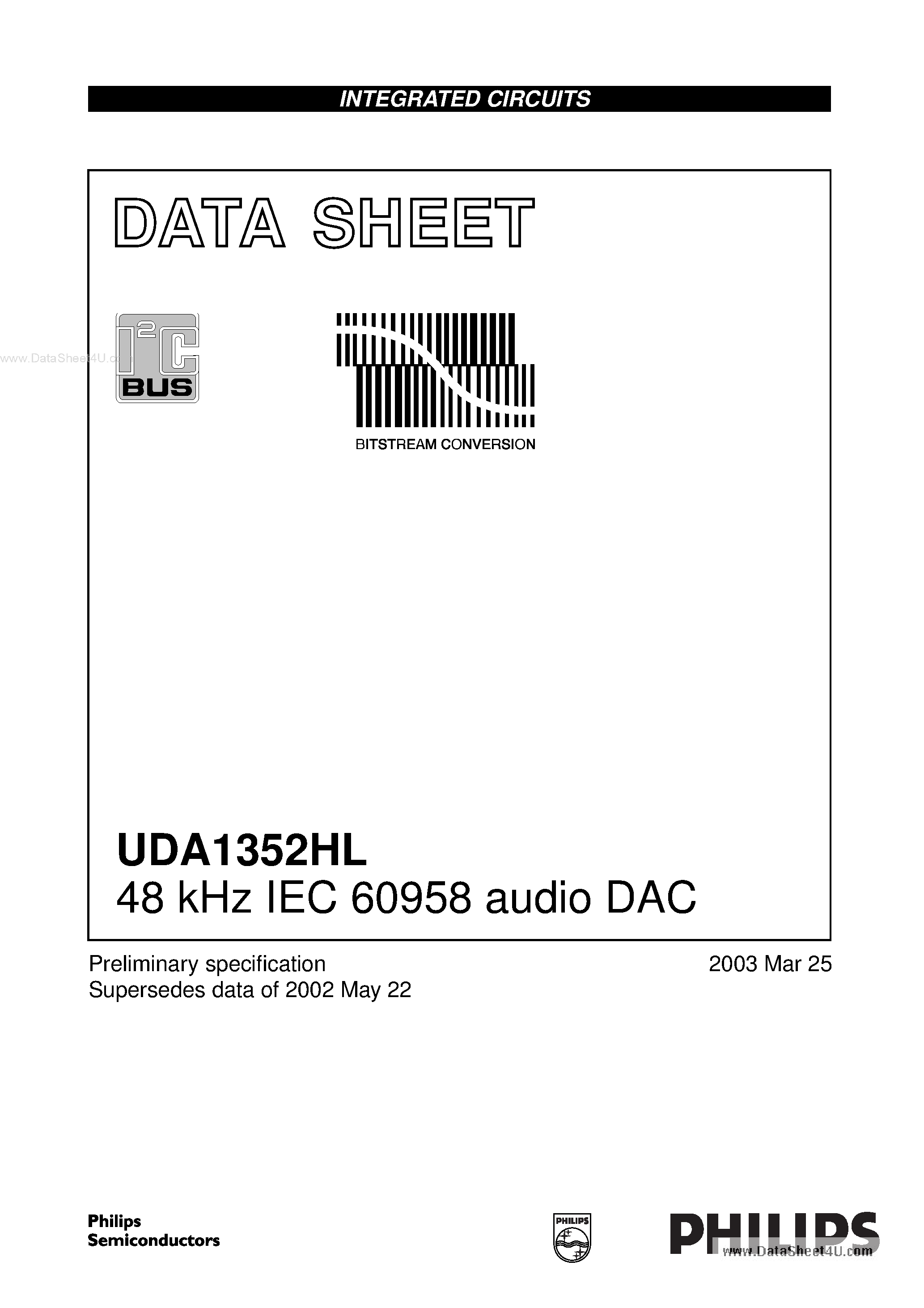 Datasheet UDA1352HL - 48 kHz IEC 60958 audio DAC page 1