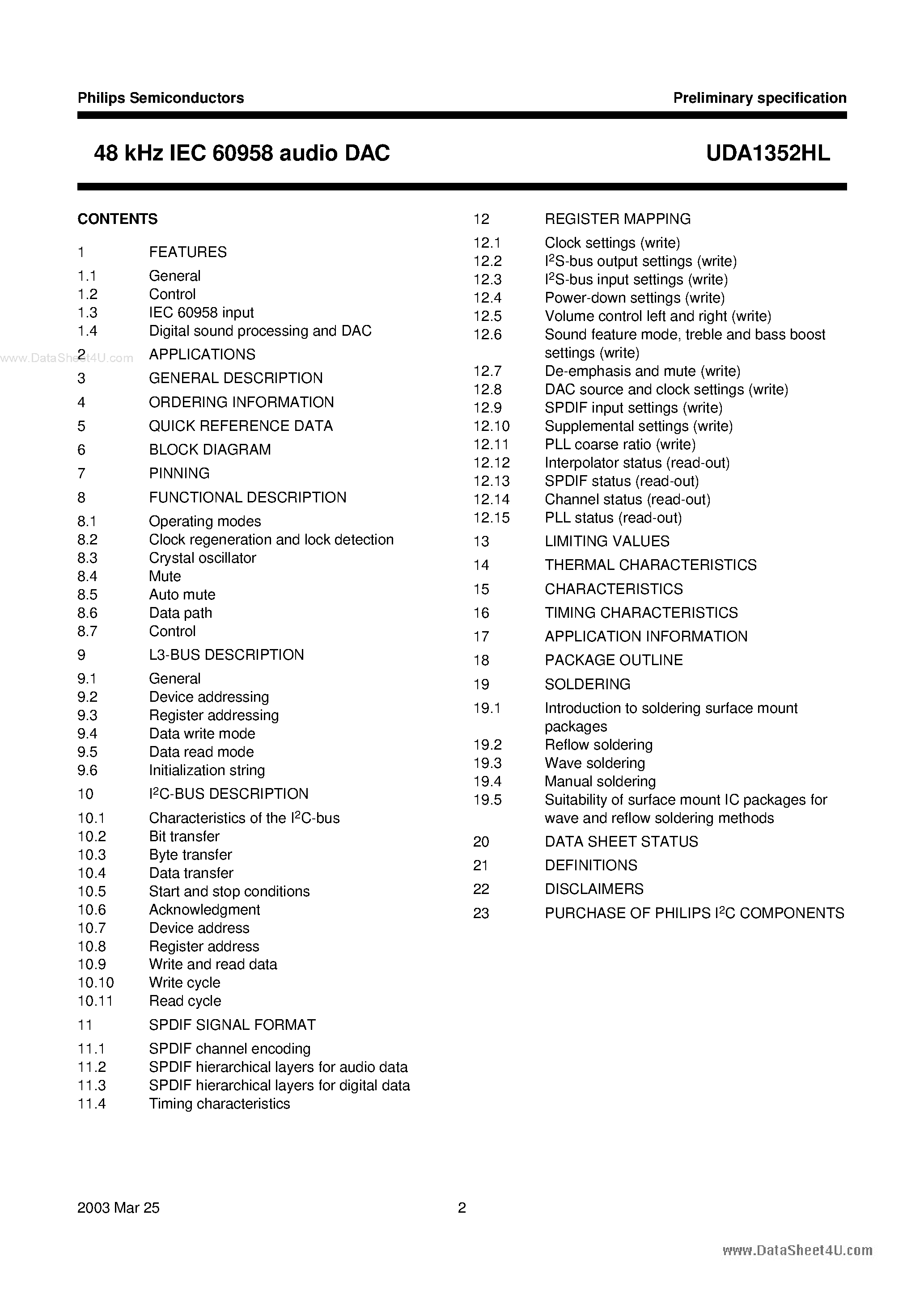 Datasheet UDA1352HL - 48 kHz IEC 60958 audio DAC page 2