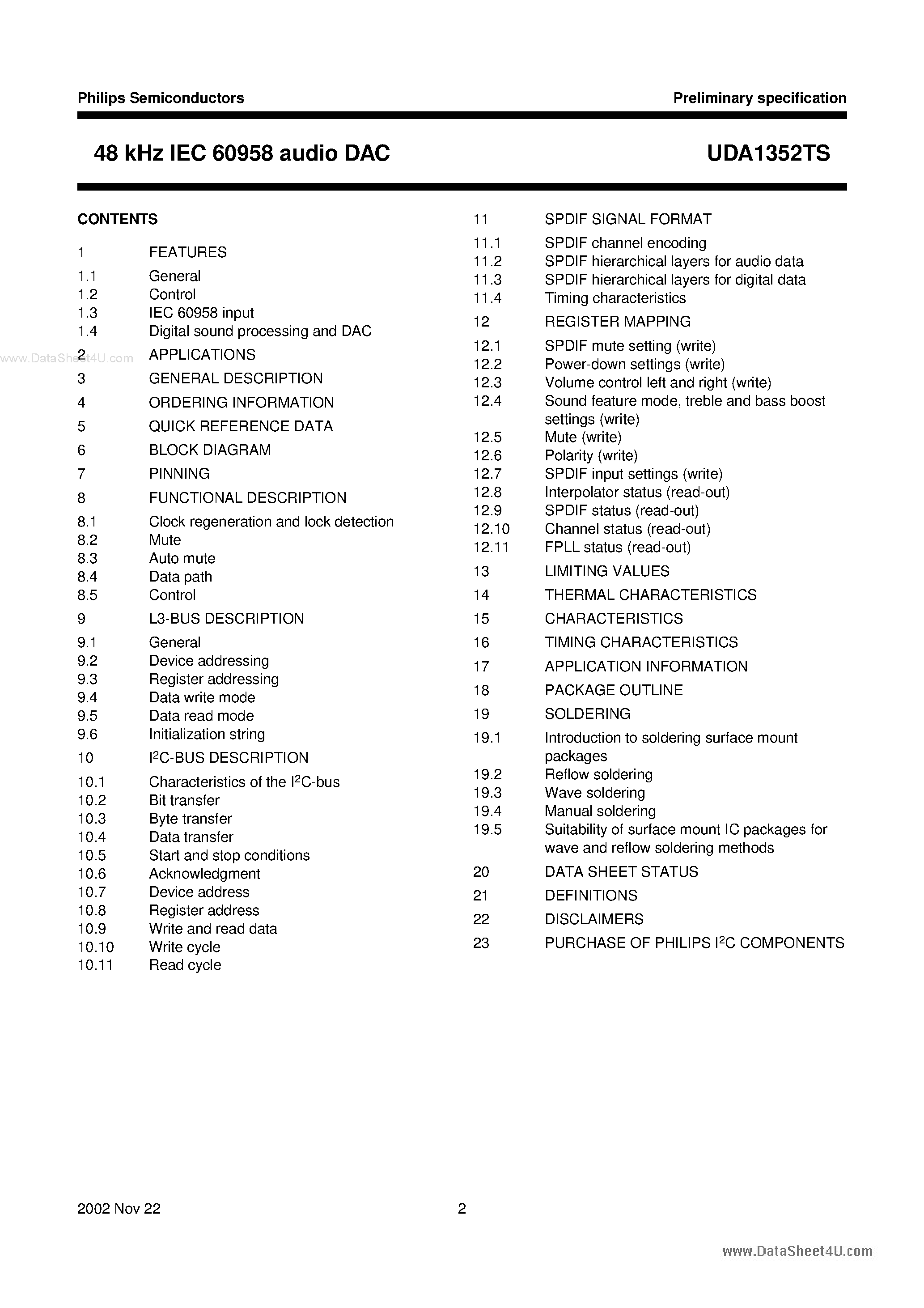 Datasheet UDA1352TS - 48 kHz IEC 60958 audio DAC page 2