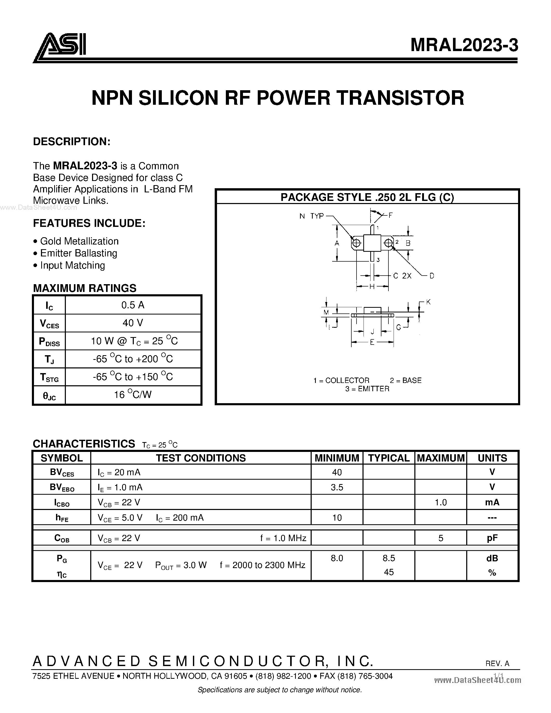 Datasheet MRAL2023-3 - NPN SILICON RF POWER TRANSISTOR page 1
