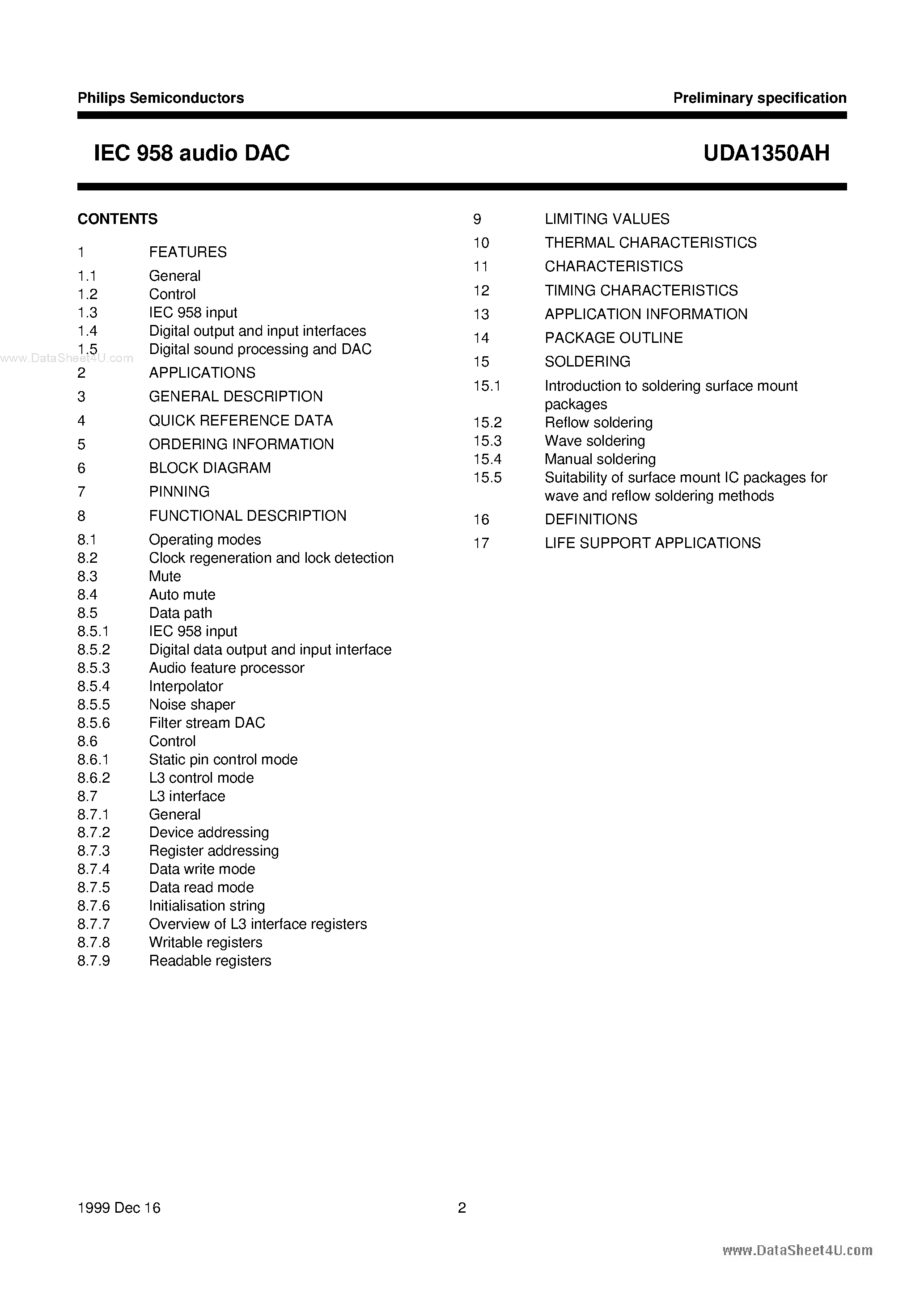 Datasheet UDA1350AH - IEC 958 audio DAC page 2