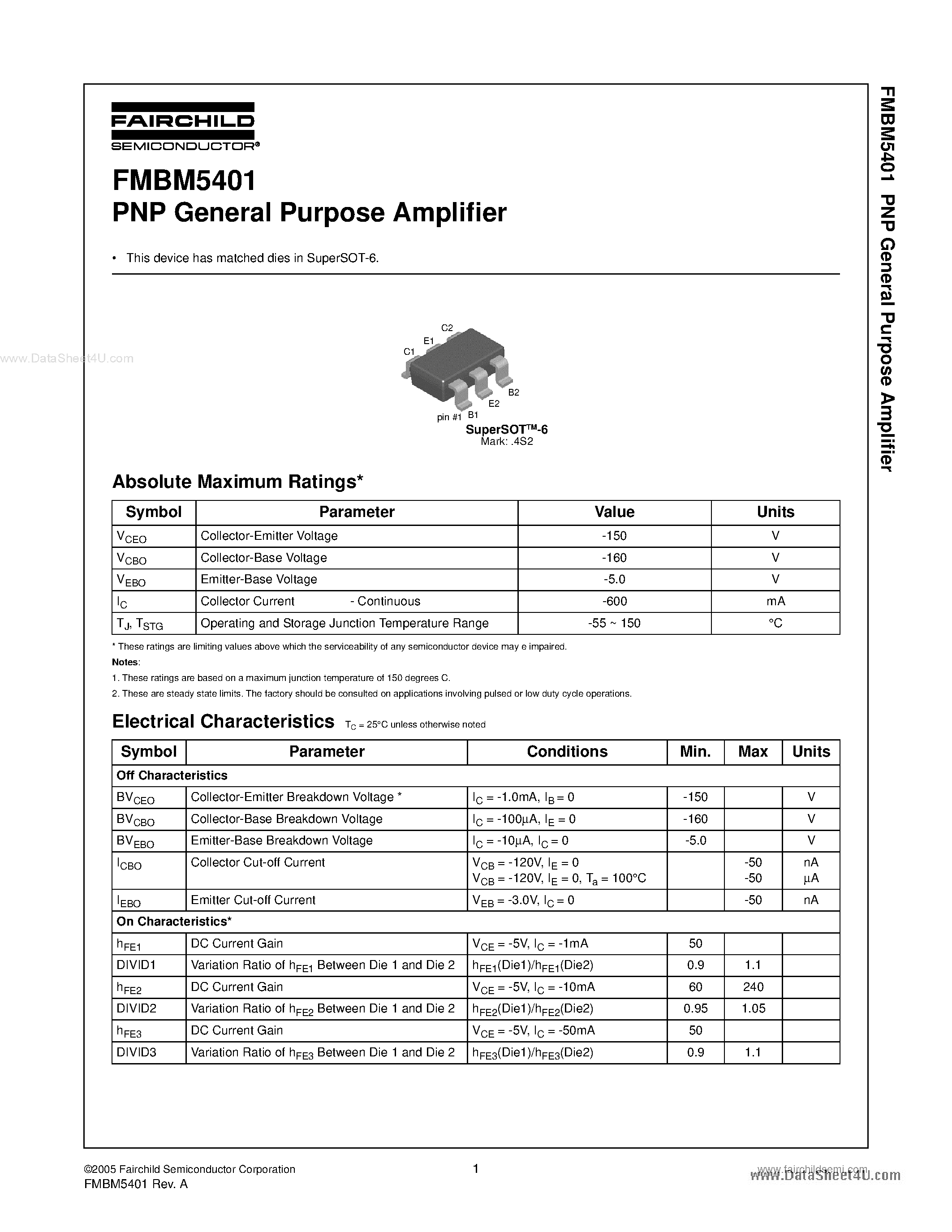 Даташит FMBM5401 - PNP General Purpose Amplifier страница 1
