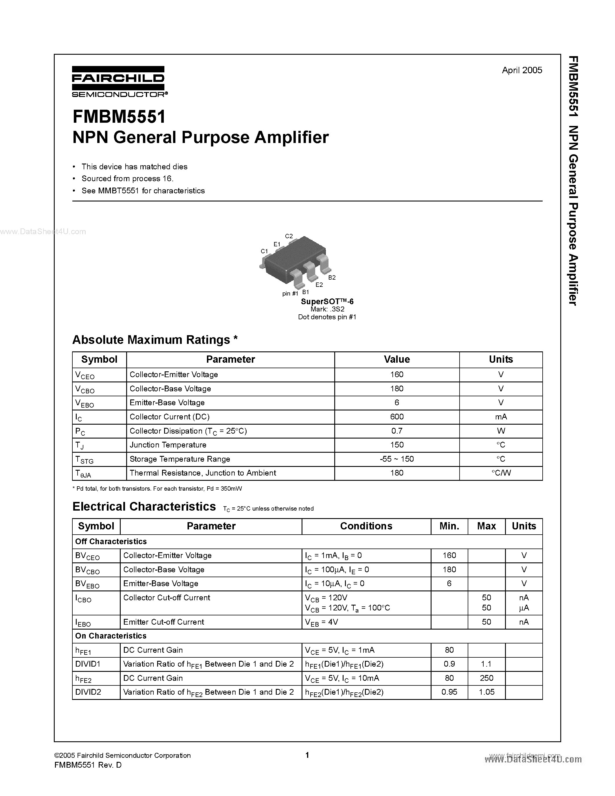 Даташит FMBM5551 - NPN General Purpose Amplifier страница 1