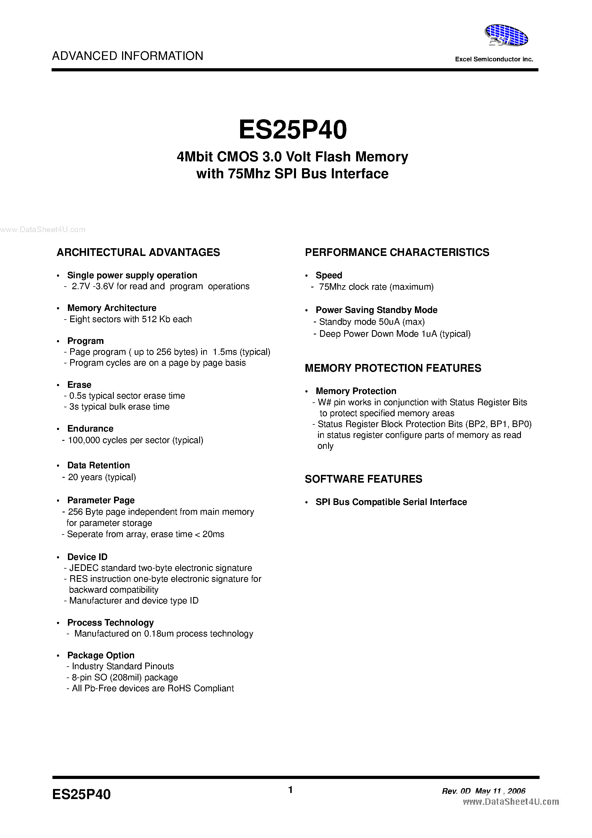 Datasheet ES25P40 - 4Mbit CMOS 3.0 Volt Flash Memory page 1