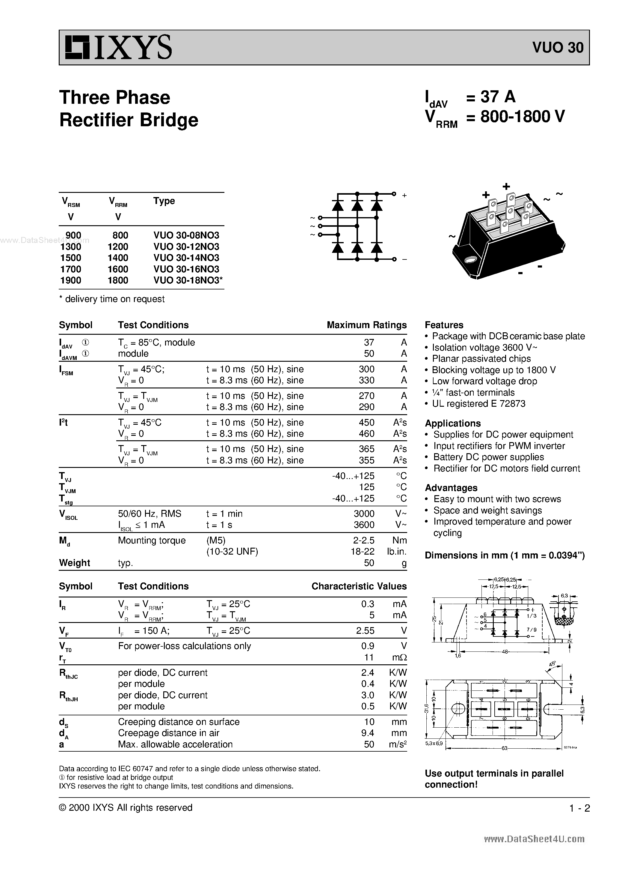 Datasheet VUO30 page 1 Datasheet VUO30 - Three Phase Rectifier Bridge page 1