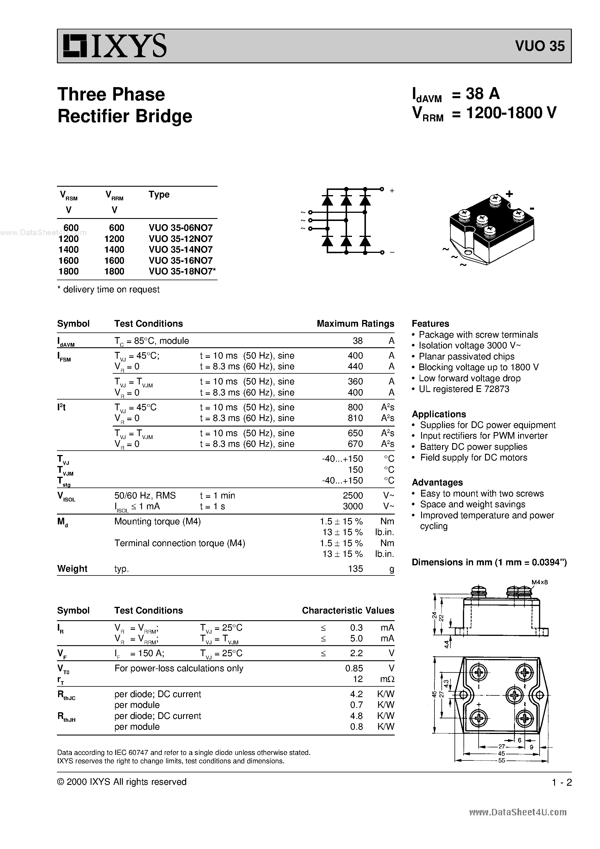 Datasheet VUO35 page 1 Datasheet VUO35 - Three Phase Rectifier Bridge page 1