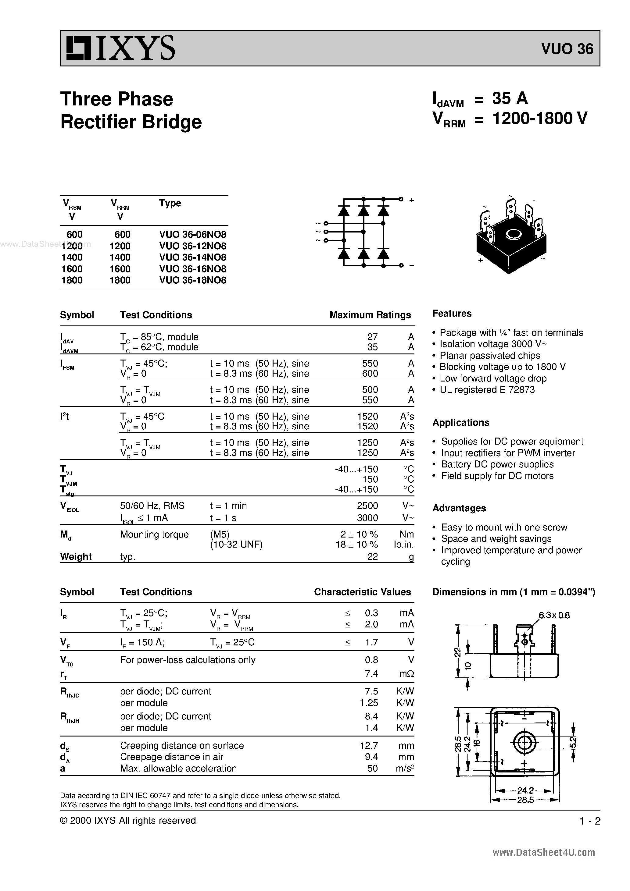 Datasheet VUO36 page 1 Datasheet VUO36 - Three Phase Rectifier Bridge page 1