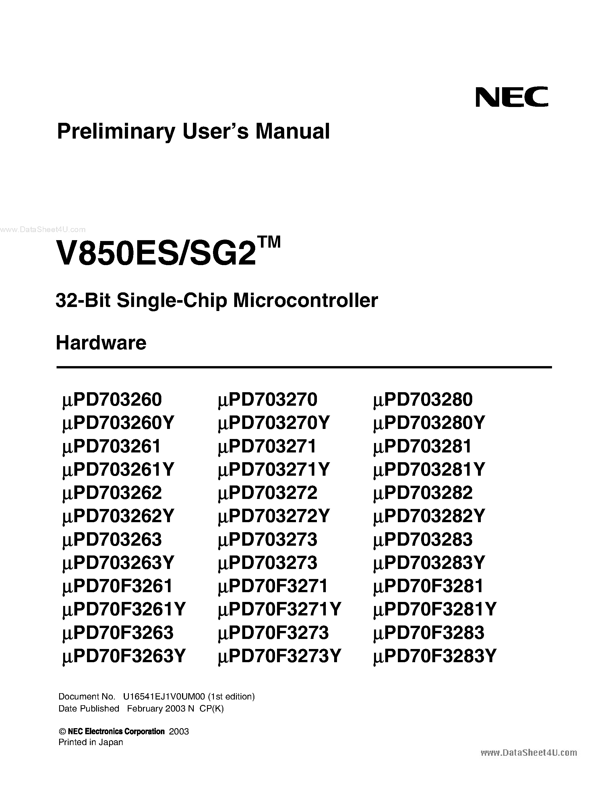 Даташит V850ES/SG2 - 32-Bit Single Chip Microcontrollers страница 1