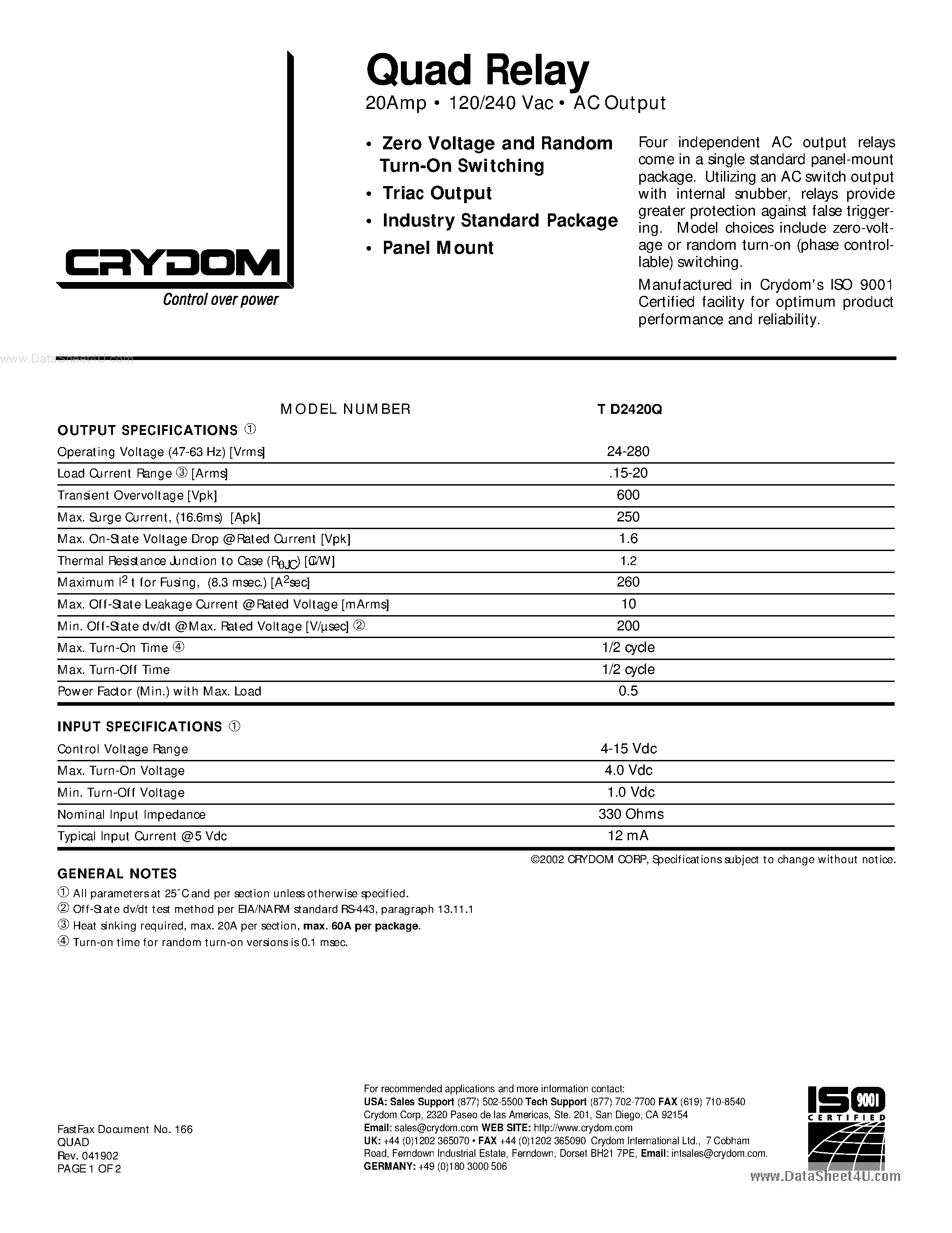Datasheet TD2420Q page 1 Datasheet TD2420Q - 20Amp 120/240 Vac AC Output page 1