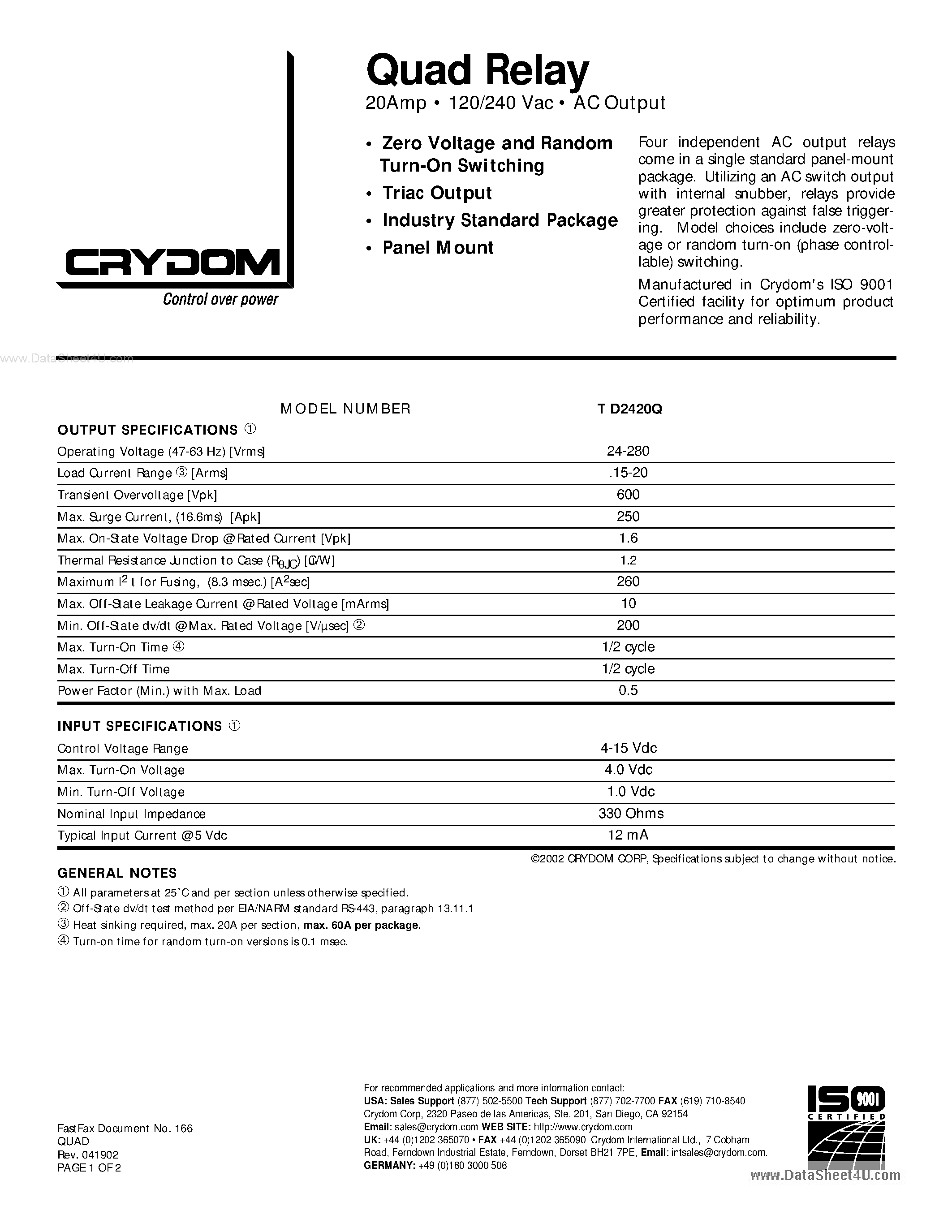 Даташит TD2420Q - 20Amp 120/240 Vac AC Output страница 1