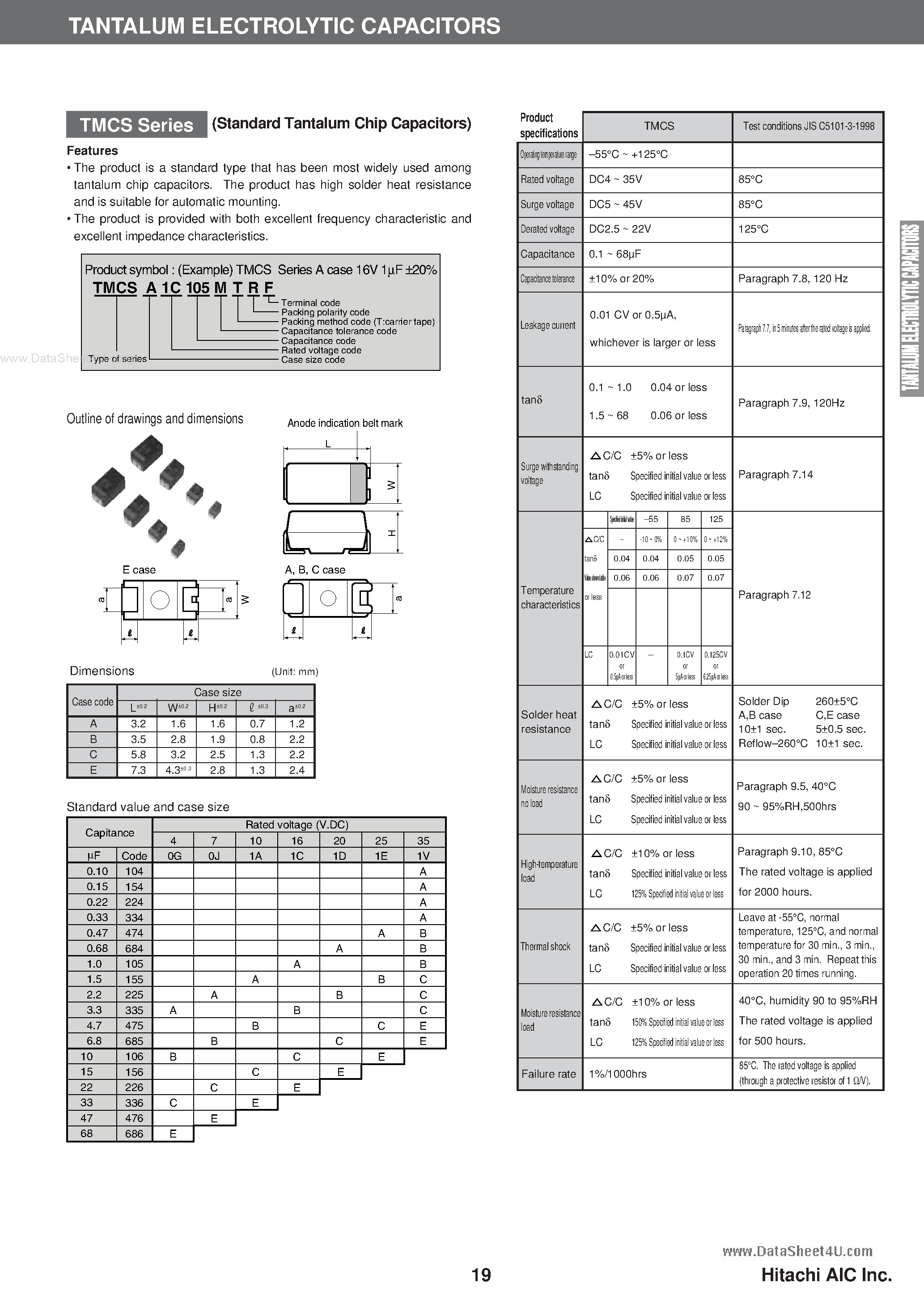 Datasheet TMCS - Standard Tantalum Chip Capacitors page 1
