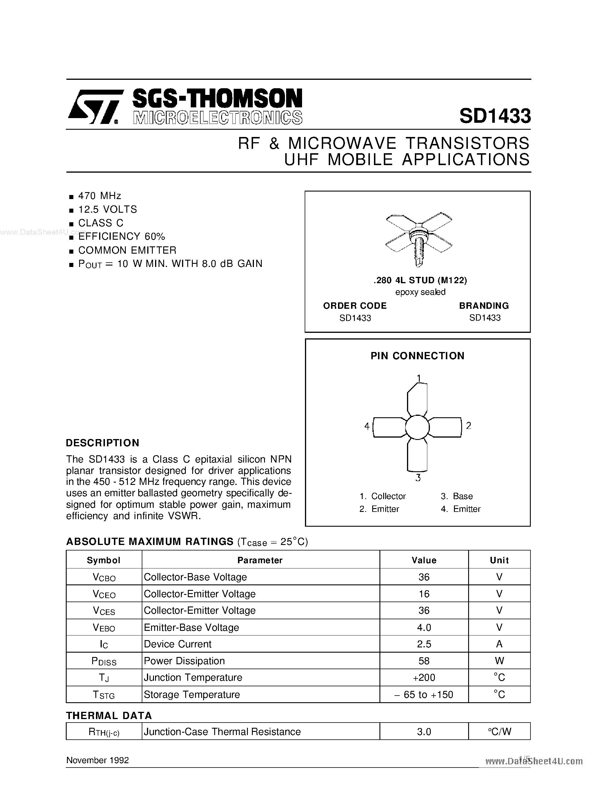Datasheet SD1433 - RF & MICROWAVE TRANSISTORS UHF MOBILE APPLICATIONS page 1