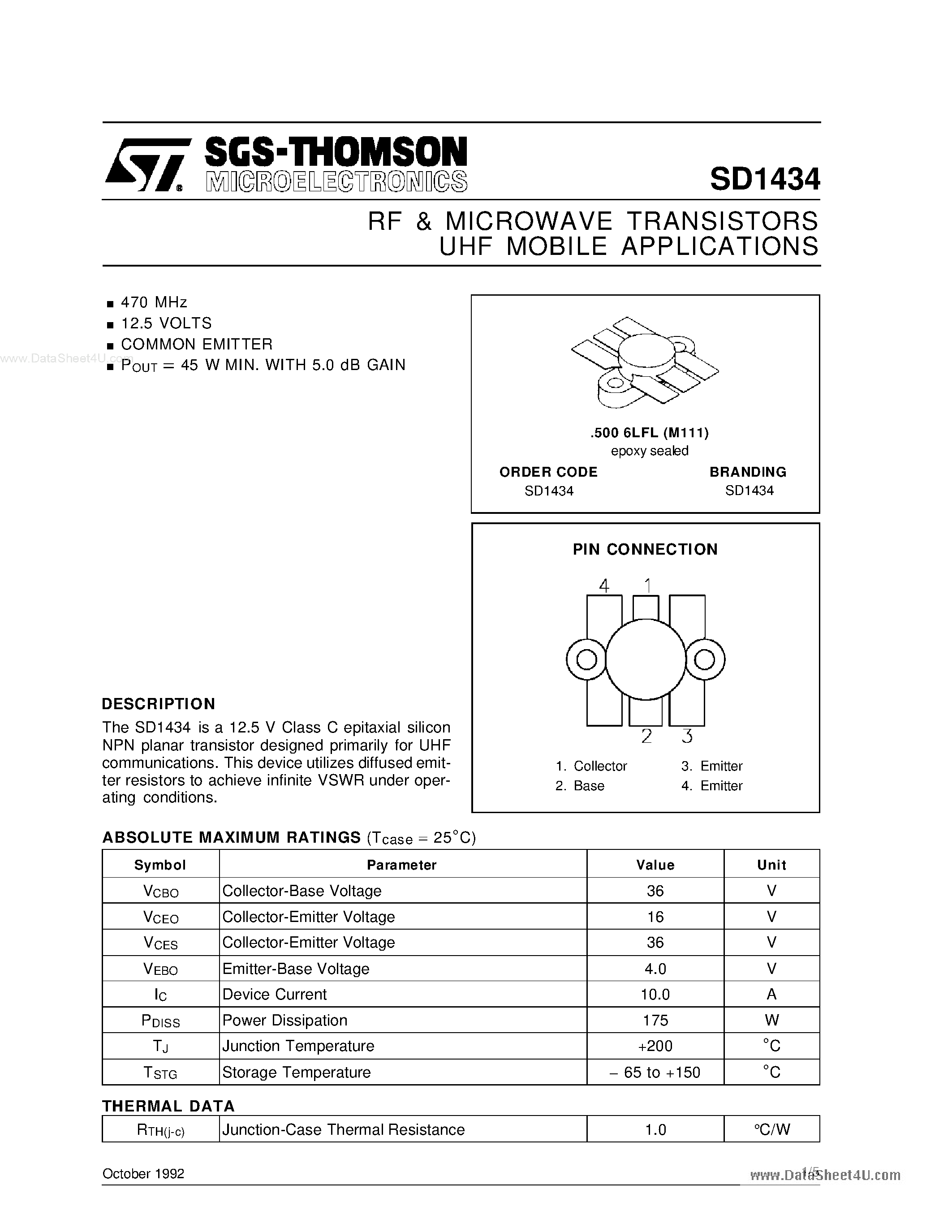 Datasheet SD1434 - RF & MICROWAVE TRANSISTORS UHF MOBILE APPLICATIONS page 1