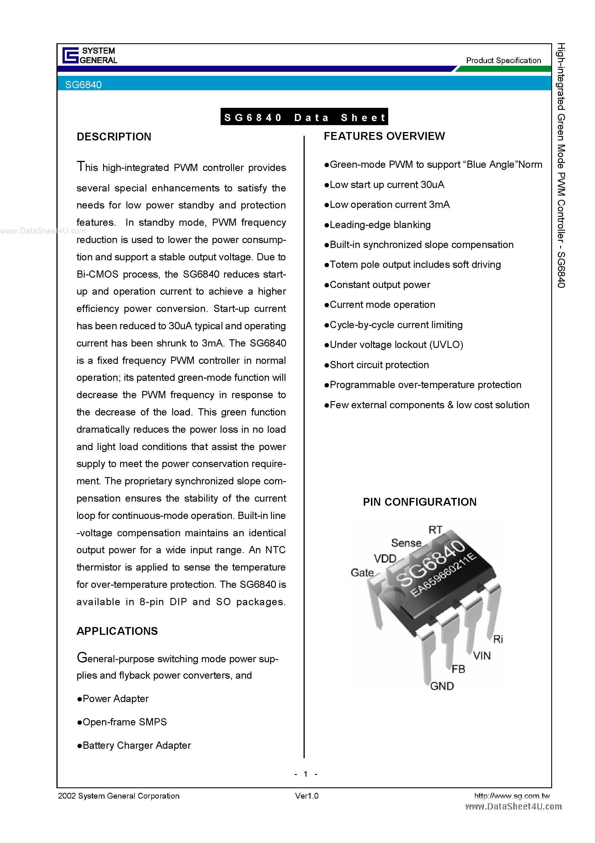 Даташит SG6840 - HIGH INTEGRATED PWM CONTROLLER страница 1