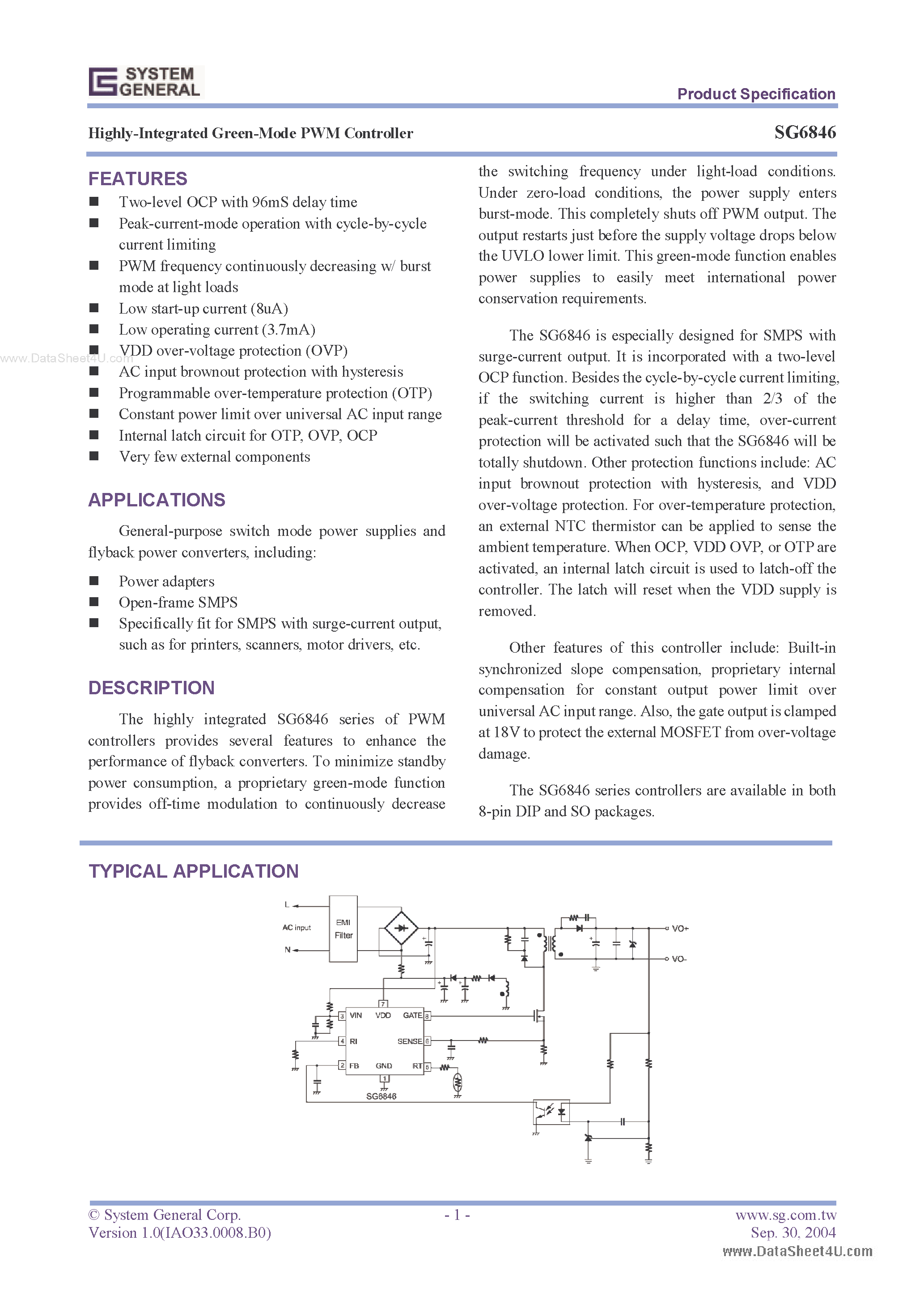 Datasheet SG6846 page 1 Datasheet SG6846 - Highly-Integrated Green-Mode PWM Controller page 1