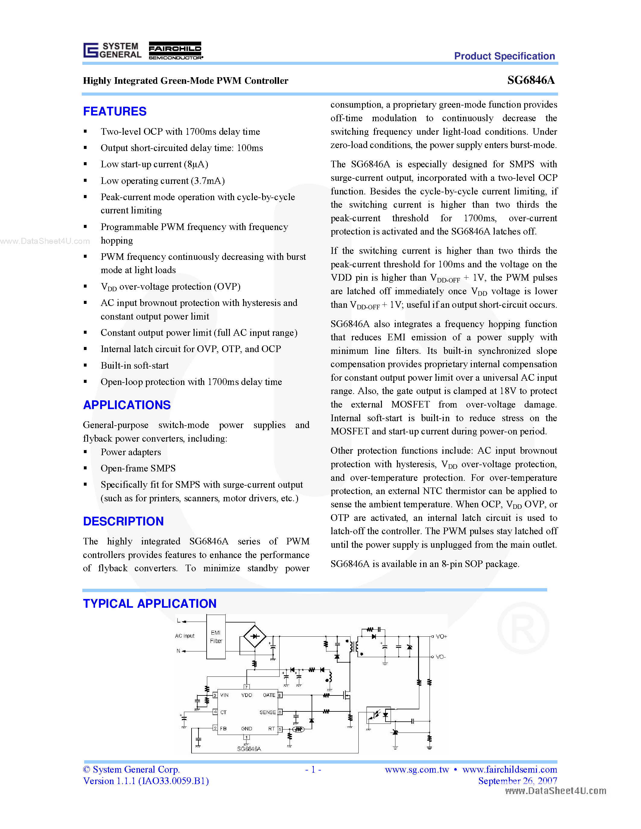 Datasheet SG6846A - Highly-Integrated Green-Mode PWM Controller page 1