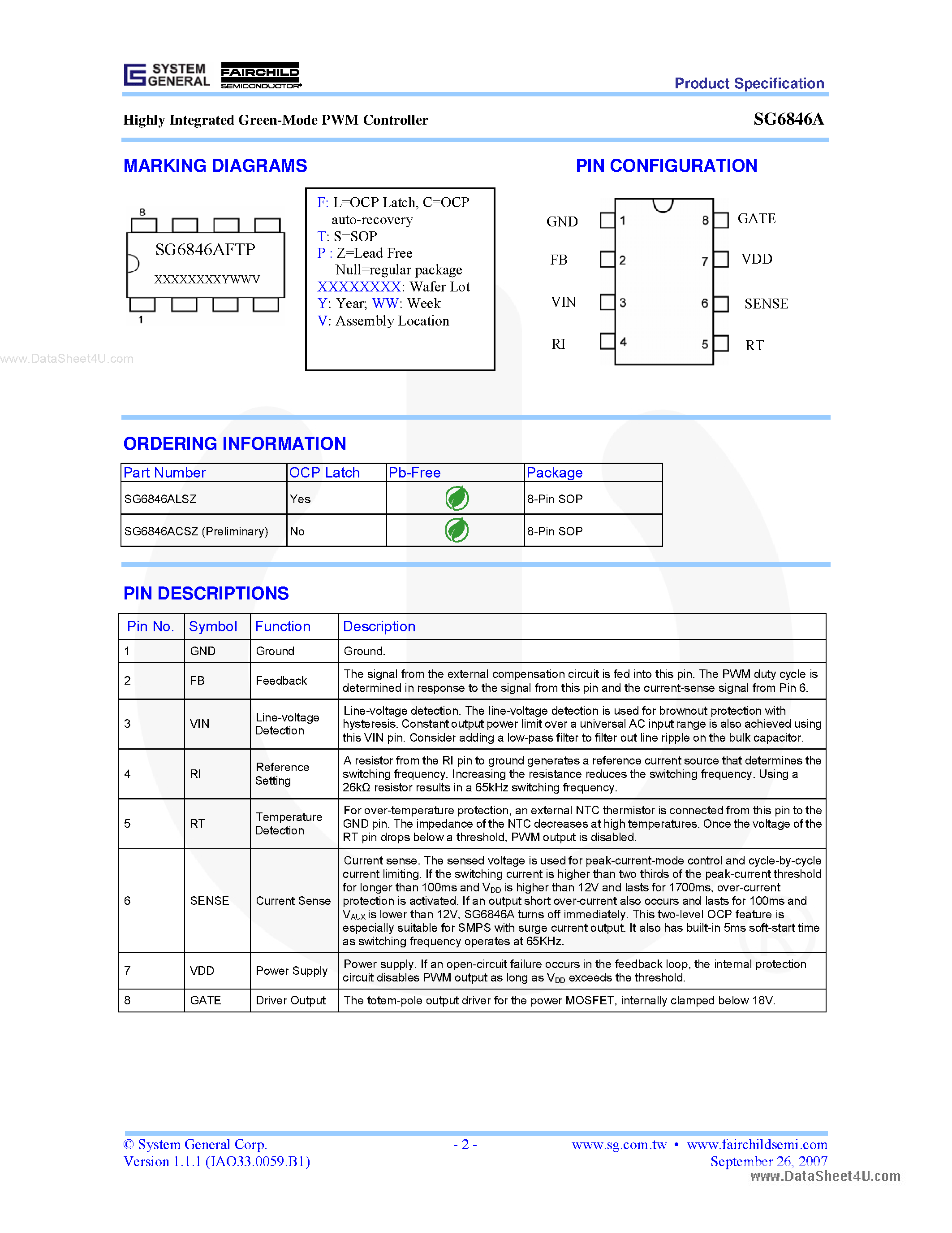 Datasheet SG6846A - Highly-Integrated Green-Mode PWM Controller page 2