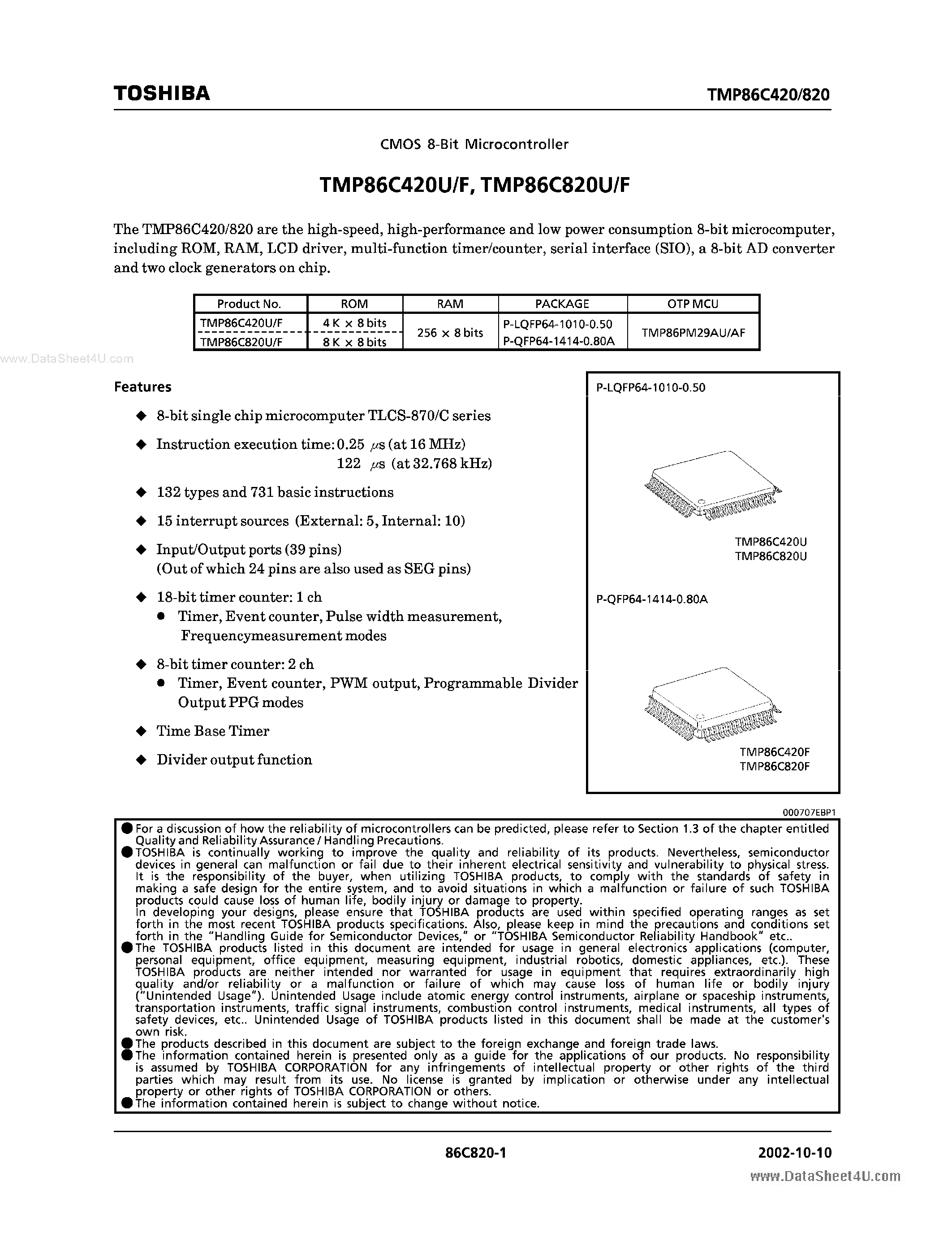 Даташит на микросхему TMP86C420F страница 1 Даташит TMP86C420F - (TMP86Cx20x) High-performance and low power consumption 8-bit microcomuter including ROM страница 1