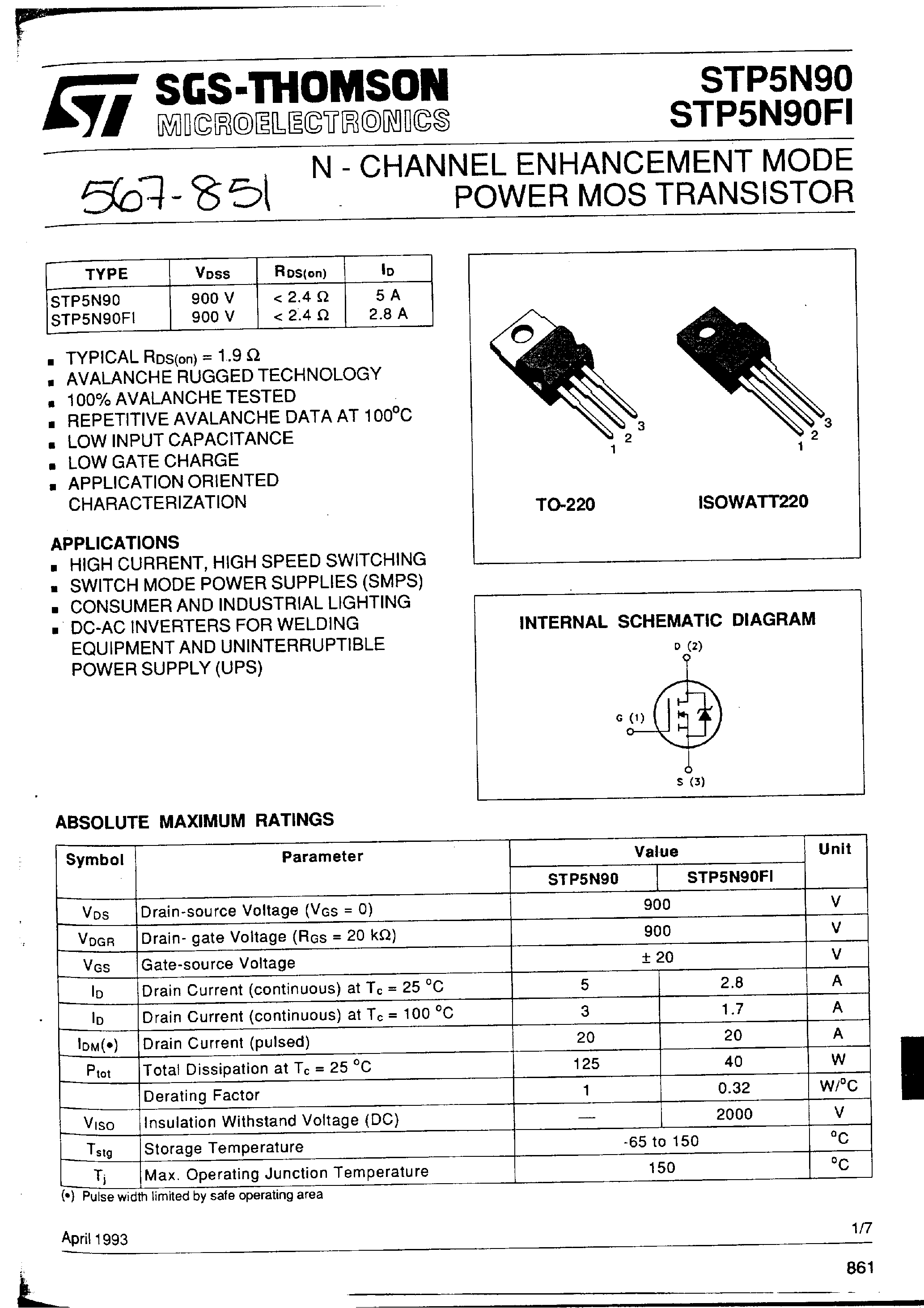 Datasheet STP5N90 - N-CHANNEL ENHANCEMENT MODE POWER MOS TRANSISTOR page 1